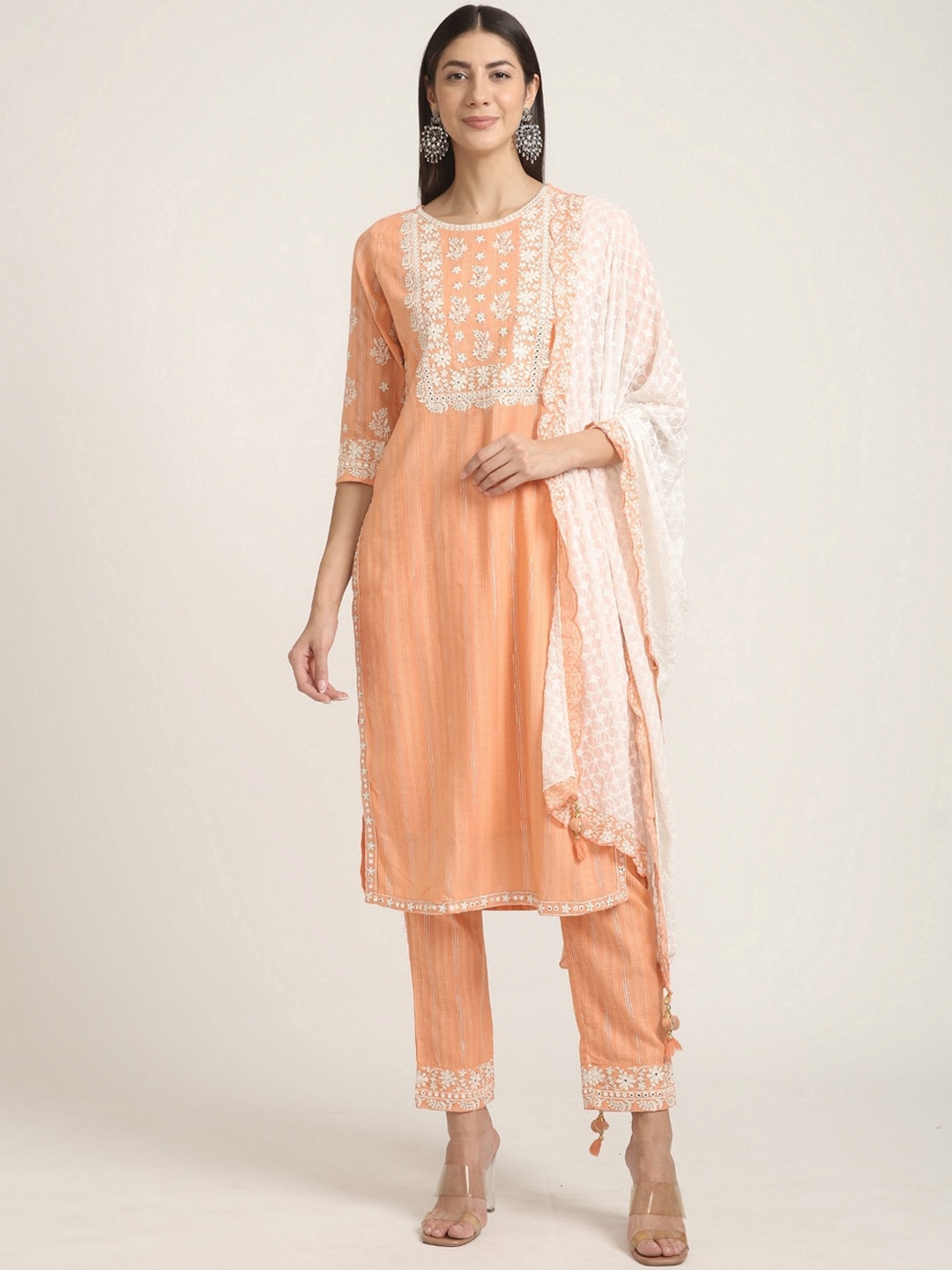 

Neerus Women Orange Floral Embroidered Kurta with Trousers & With Dupatta
