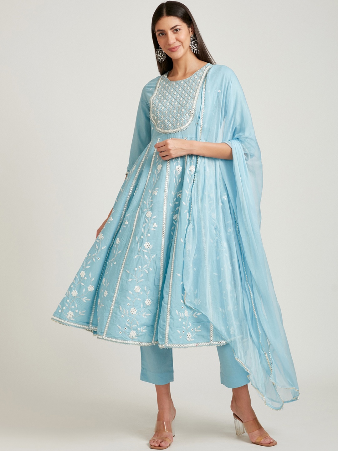 

Neerus Women Blue Printed Layered Mirror Work Kurta with Trousers