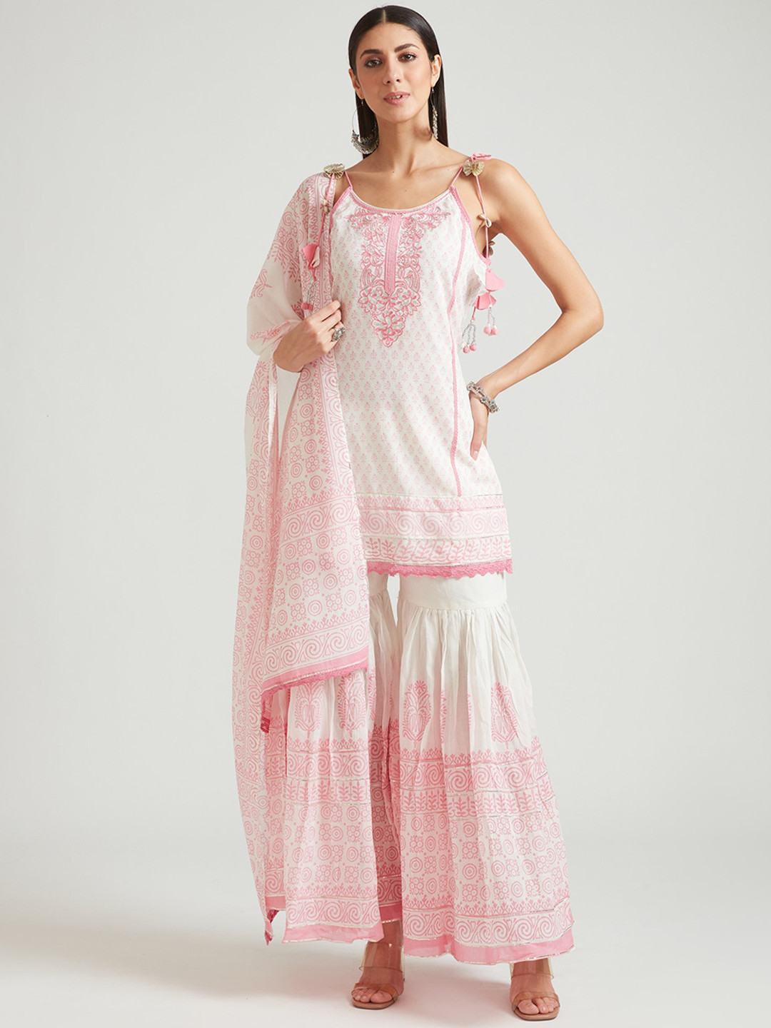 

Neerus Women Pink Floral Embroidered Empire Aari Work Kurti with Sharara & With Dupatta