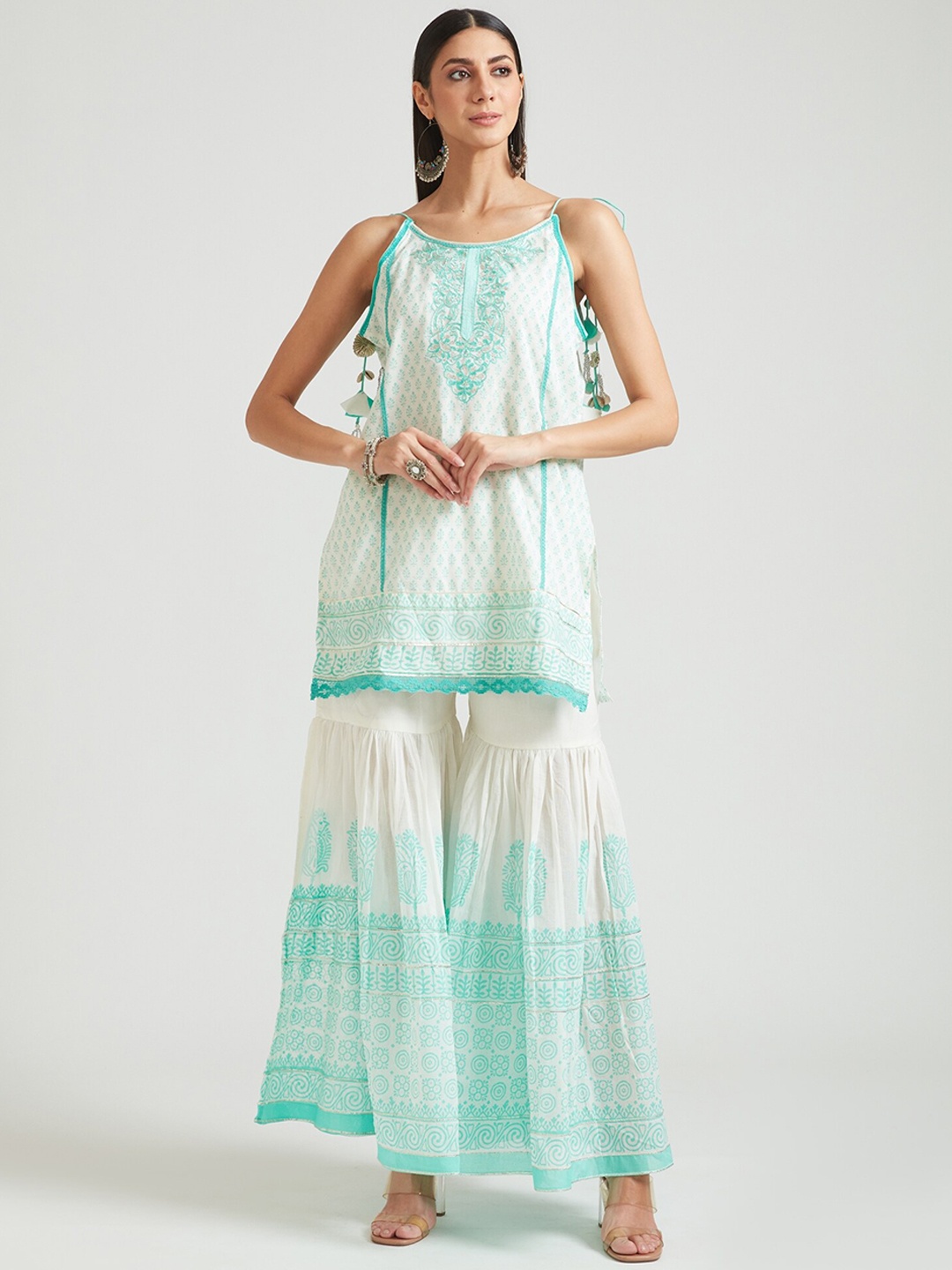 

Neerus Women Turquoise Blue Ethnic Motifs Printed Kurti with Sharara & With Dupatta