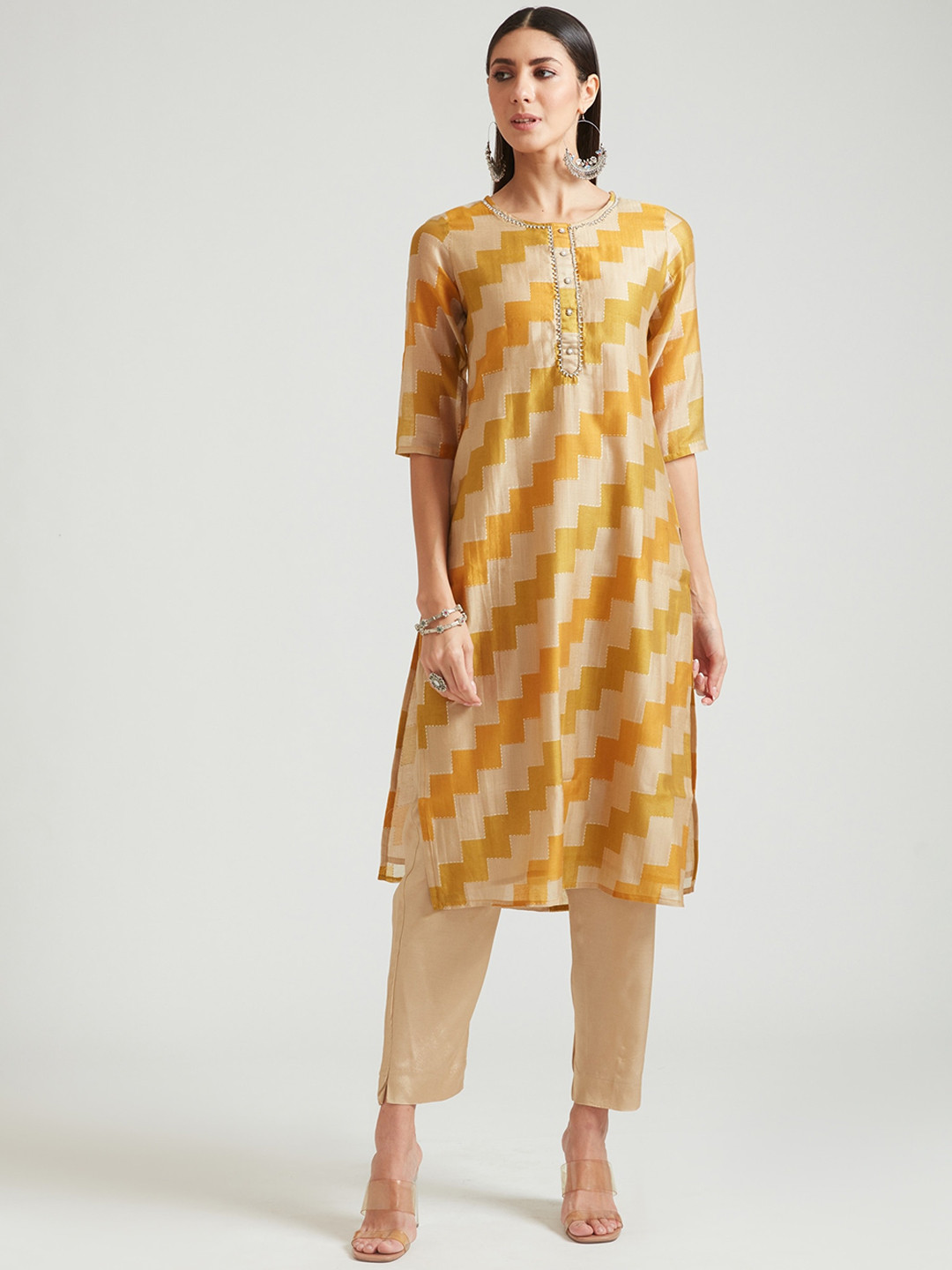 

Neerus Women Beige Printed Chanderi Cotton Kurta with Trousers & With Dupatta