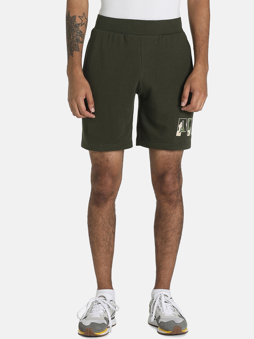 

Puma Men Olive Green Rebel CAMO Typography Printed Sports Shorts