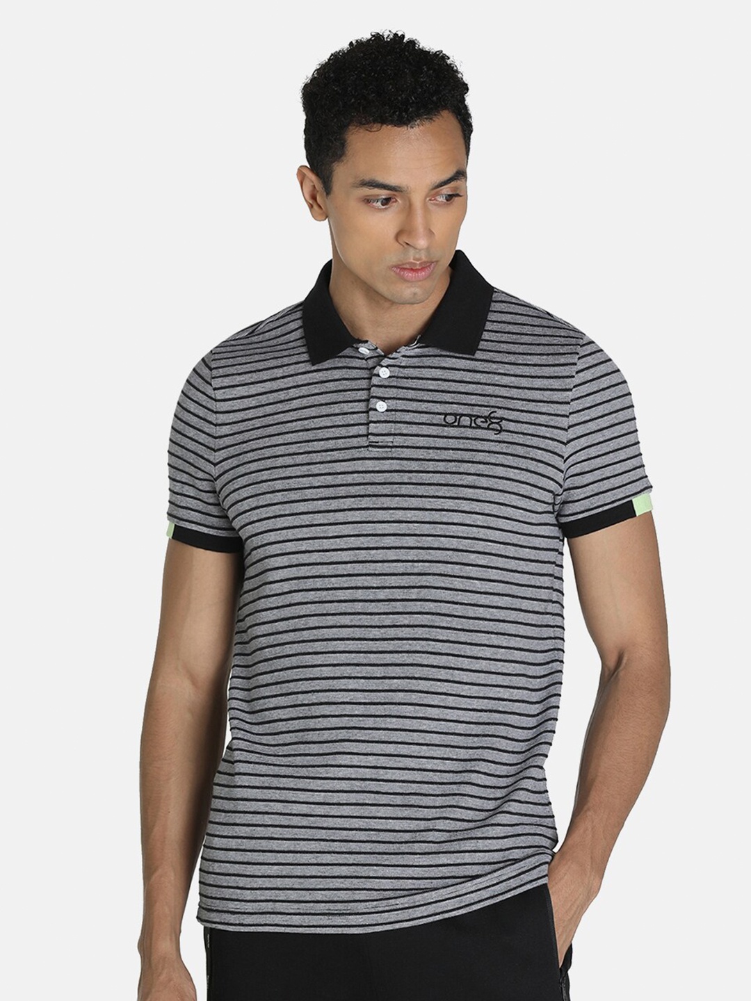 

Puma Men Black & Grey Striped one8 Virat Kohli Polo Collar Cotton Slim Fit T-shirt