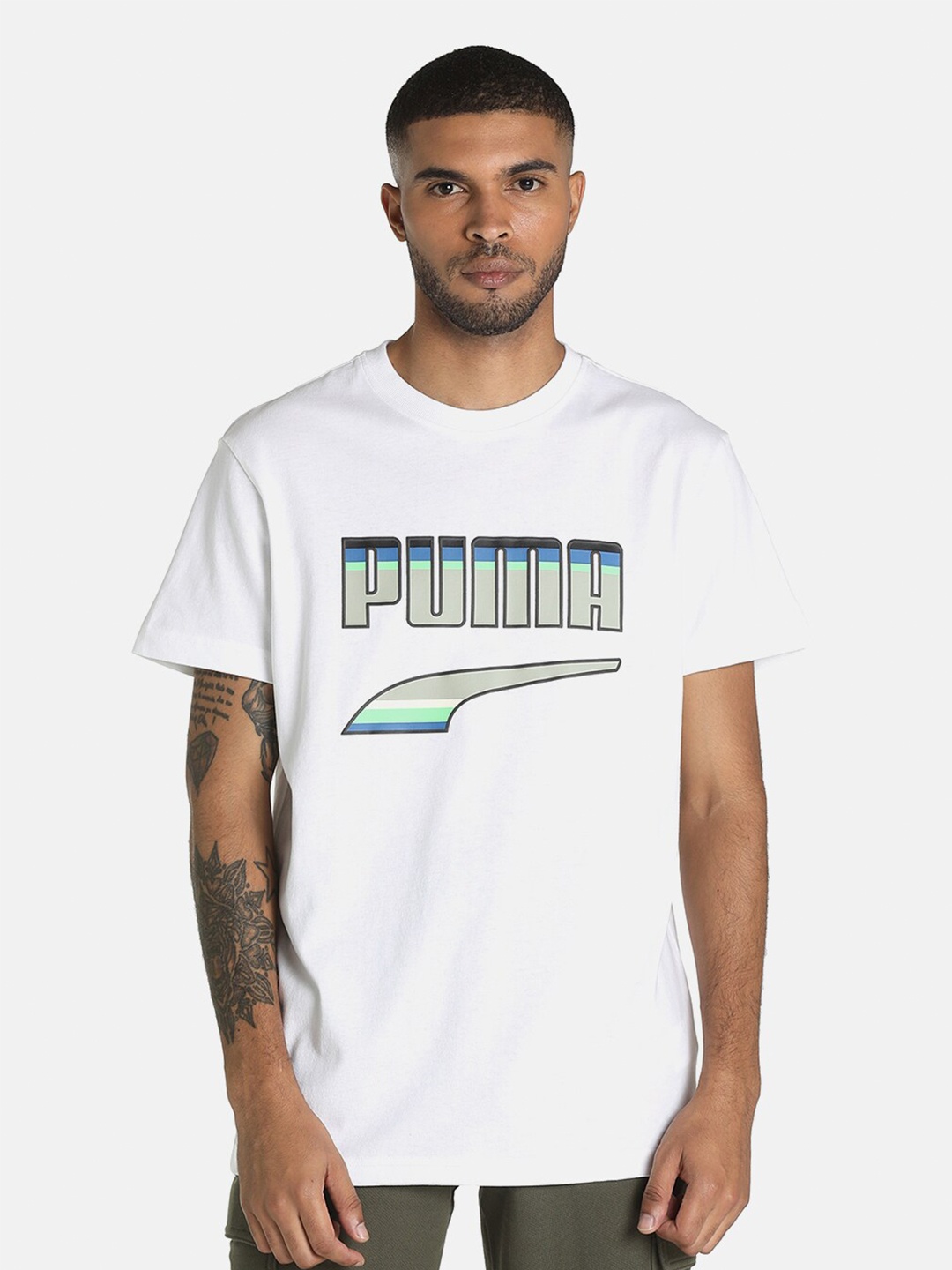 

Puma Men White Relaxed Fit Brand Logo Printed Downtown Cotton T-shirt