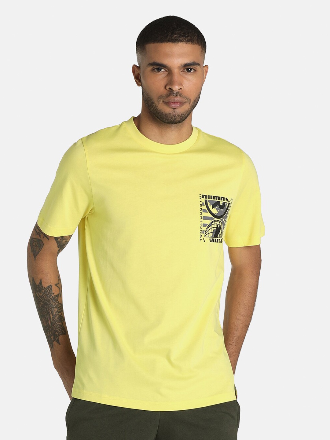 

Puma Men Yellow PUMA INTL Brand Logo Printed T-shirt