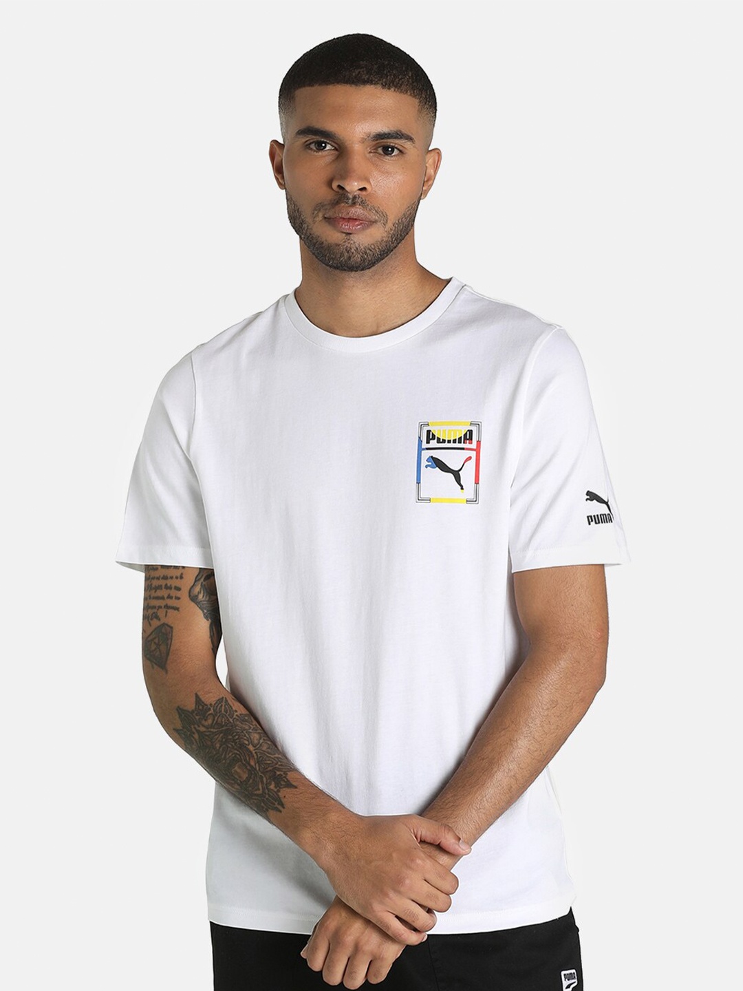 

Puma Men White Relaxed Fit Graphic Box Logo Play Cotton T-shirt