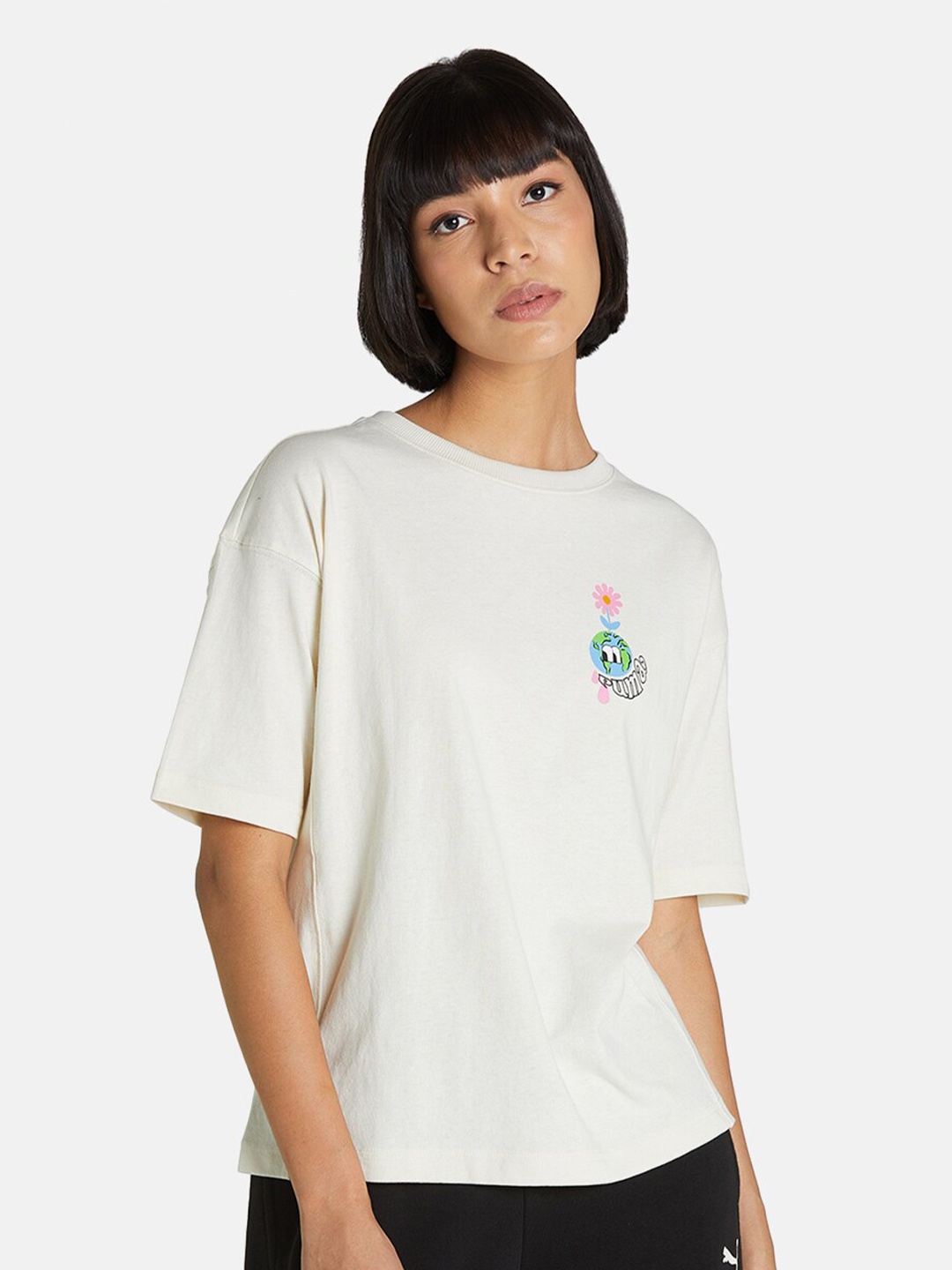 

Puma Women White Downtown Graphic Printed Drop-Shoulder Sleeves T-shirt