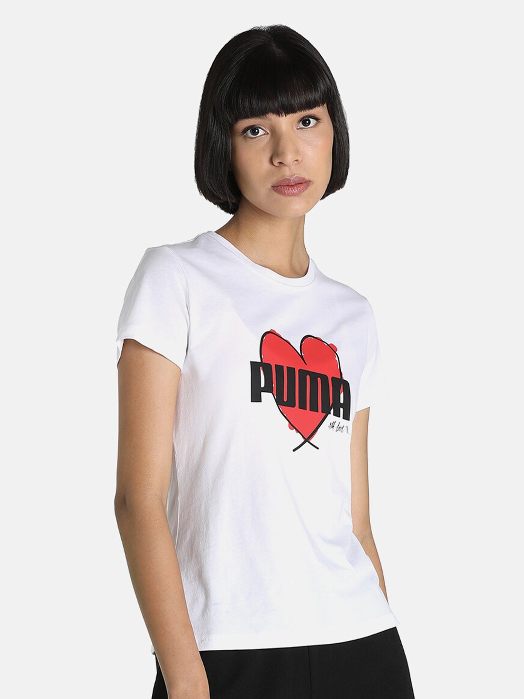 

Puma Women White Relaxed Fit Heart Printed T-shirt