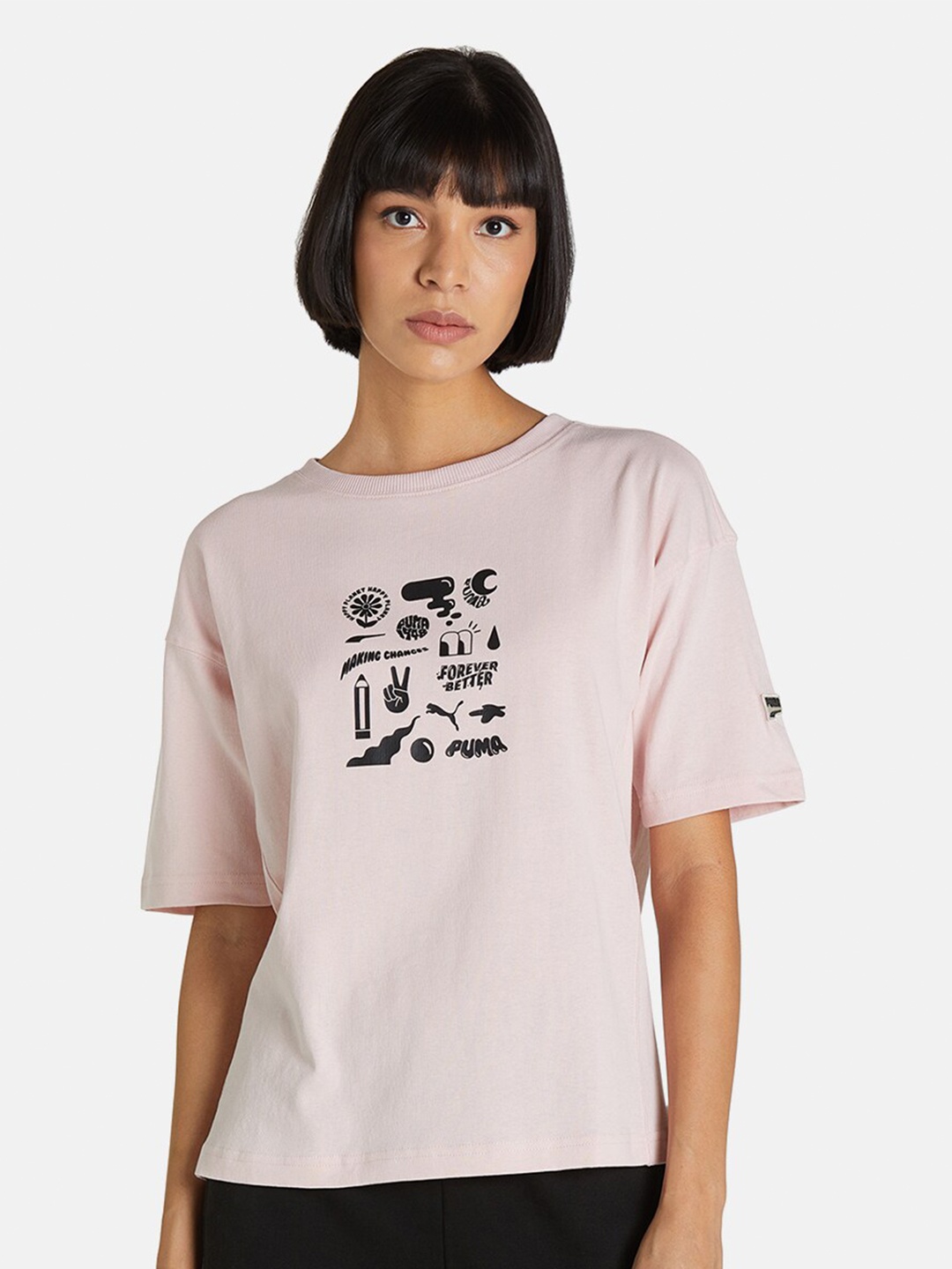 

Puma Women Pink Relaxed Fit Downtown Graphic Cotton T-shirt