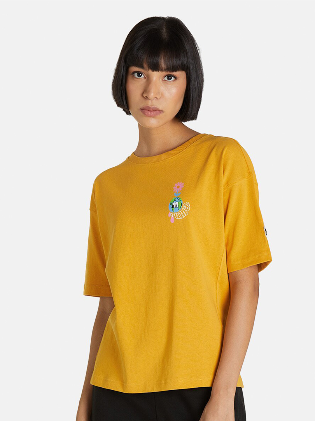 

Puma Women Mustard Yellow Relaxed Fit Downtown Graphic Cotton T-shirt