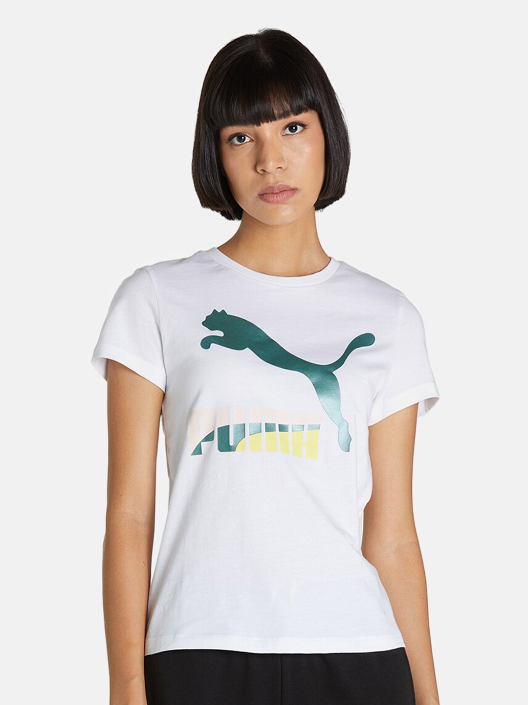 

Puma Women White & Green Classics Logo Tee Printed T-shirt