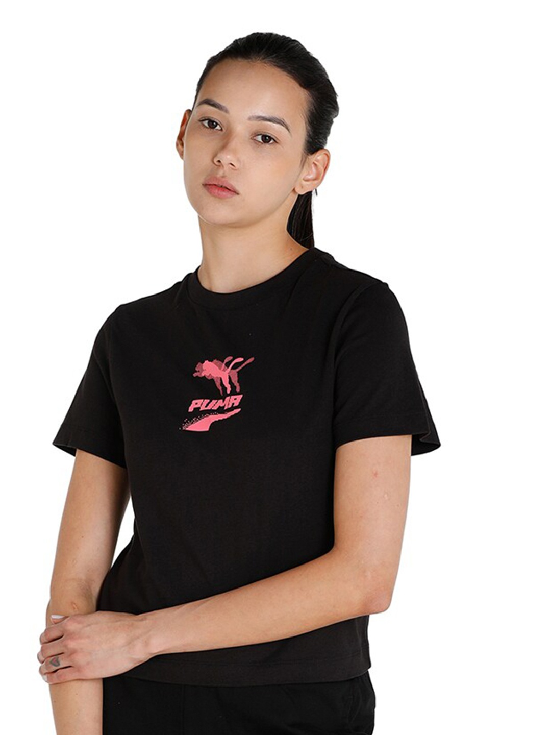 

Puma Women Black Evide Graphic Slim Fit Brand Logo Printed T-shirt