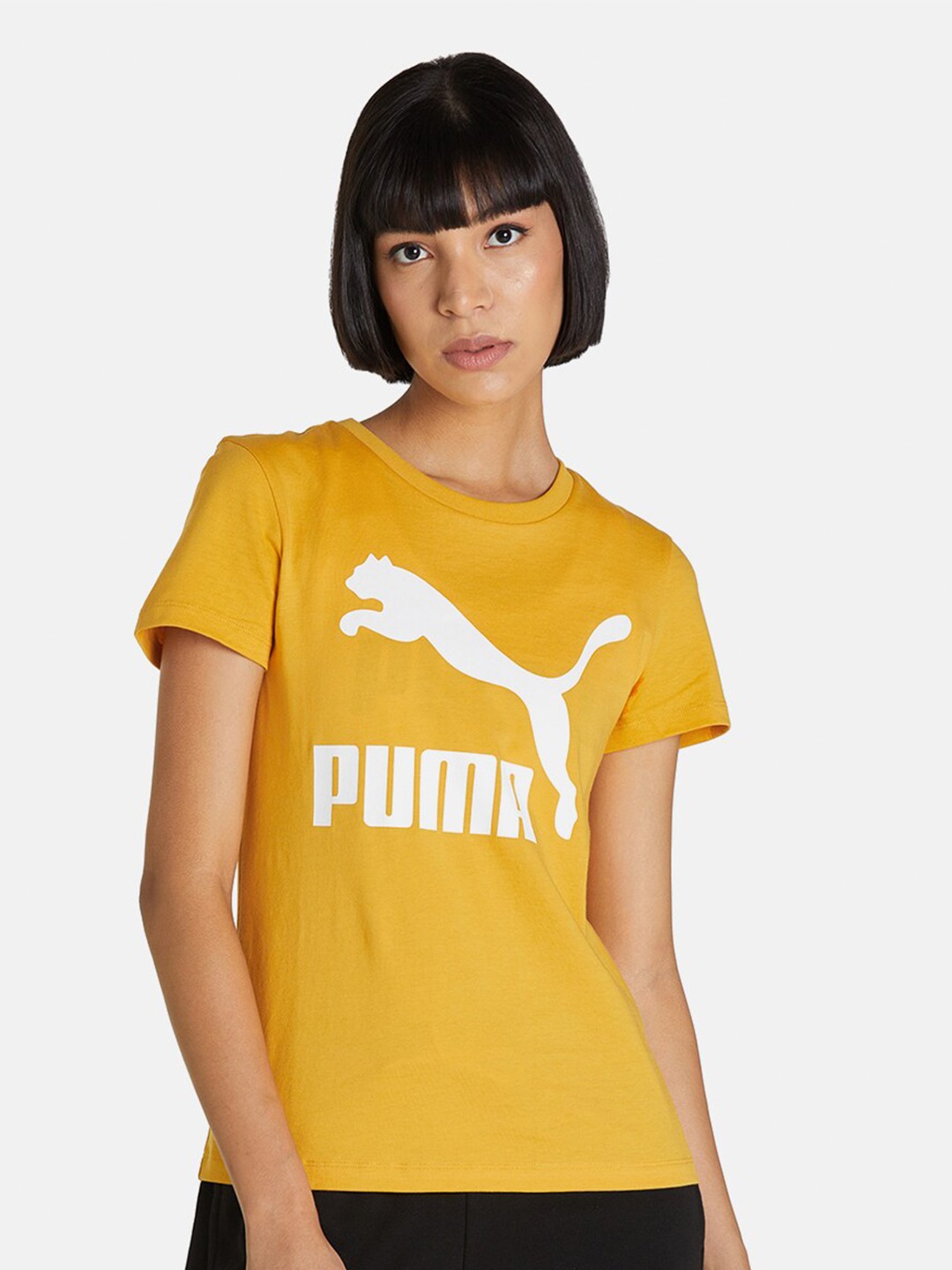

Puma Women Yellow Brand Logo Printed T-shirt