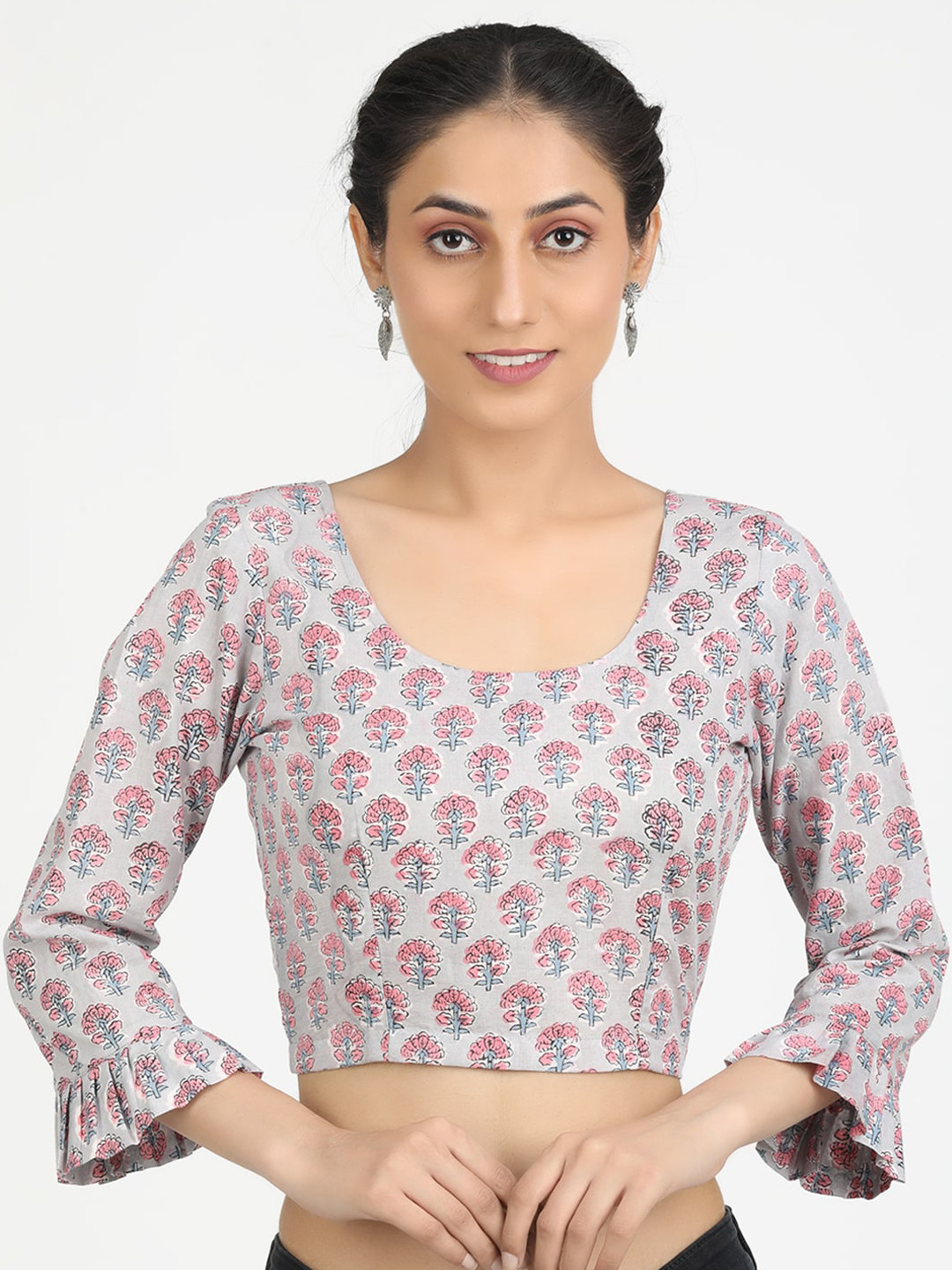 

Llajja Women Grey Block Printed Cotton Saree Blouse
