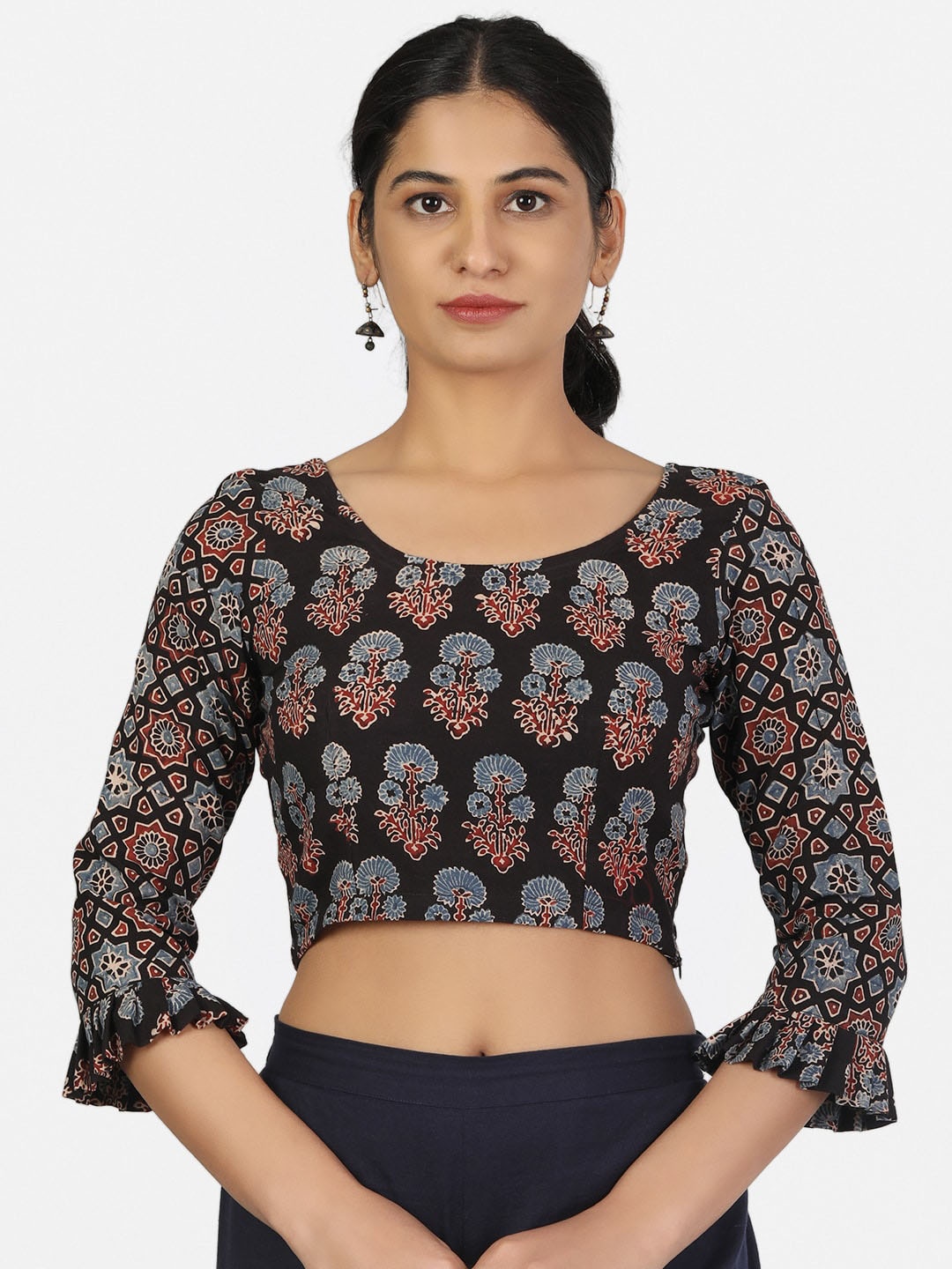 

Llajja Black & Maroon Block-Printed Pure Cotton Saree Blouse