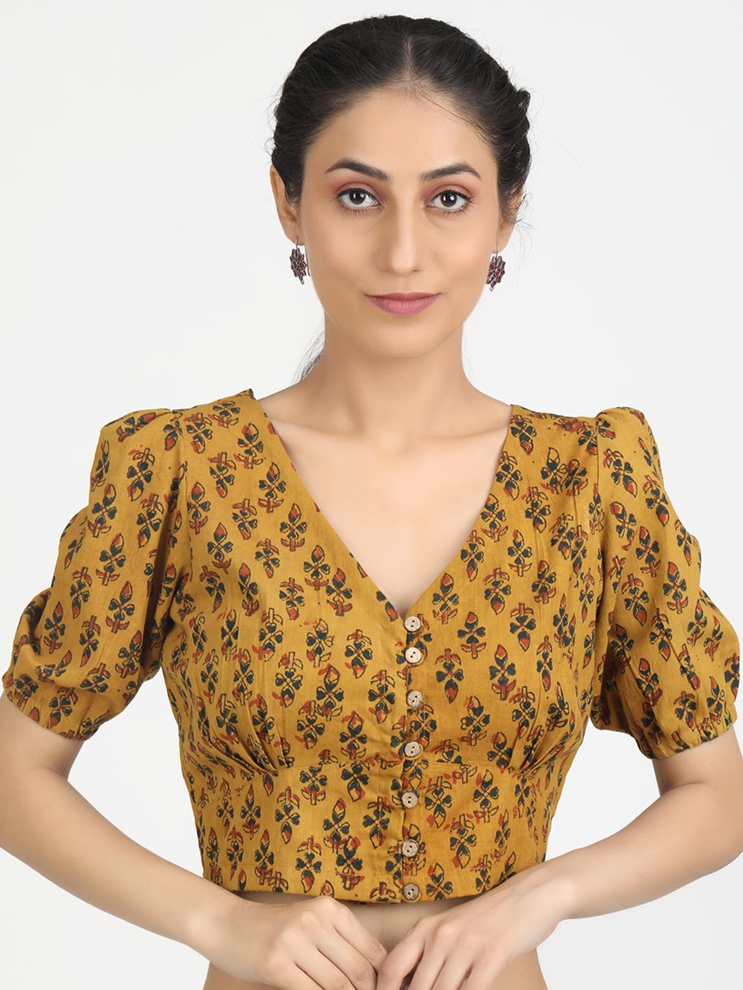 

Llajja Women Mustard Ajrakh Block Printed Cotton Saree Blouse