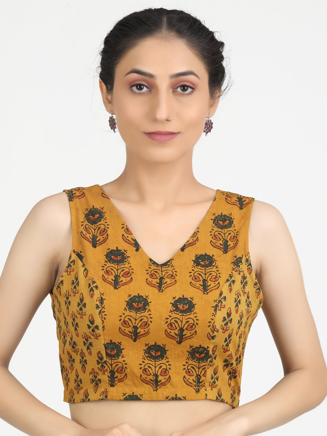 

Llajja Women Mustard Yellow Ajrakh Block Printed Cotton Saree Blouse