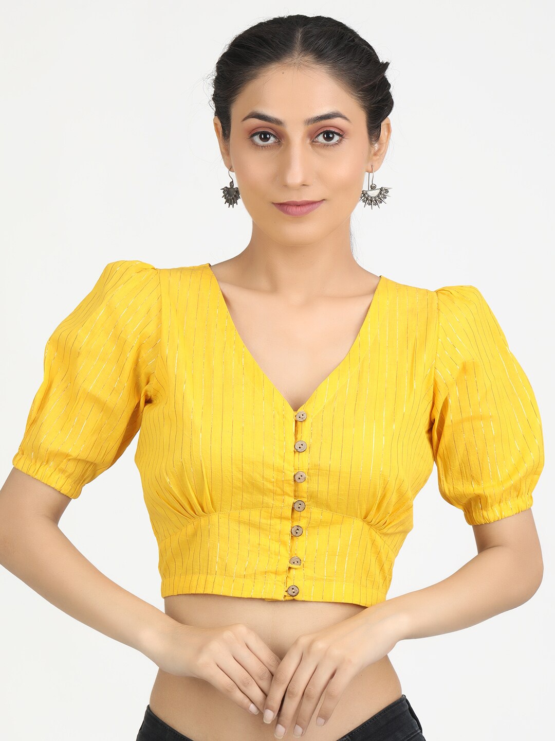 

Llajja Yellow & Gold-Toned Striped Cotton Saree Blouse