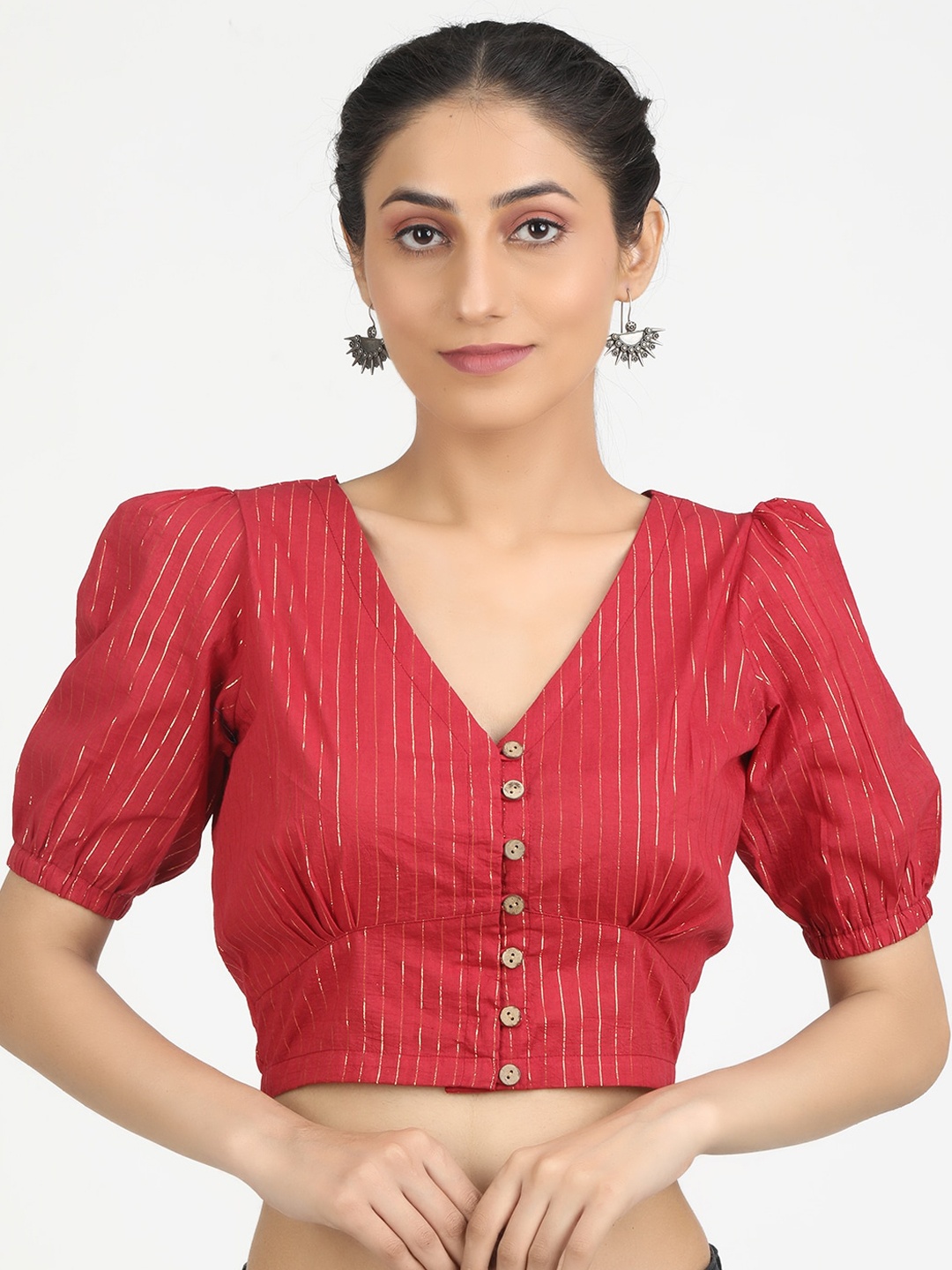 

Llajja Red & Gold-Coloured Striped Pure Cotton Saree Blouse