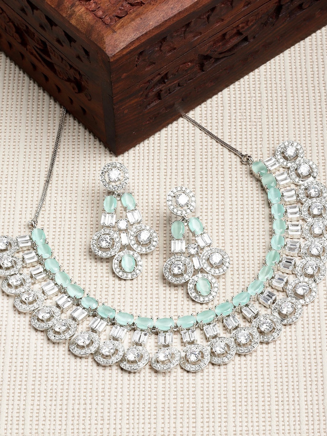 

KARATCART Silver-Plated Lime Green AD Studded Choker Jewellery Set