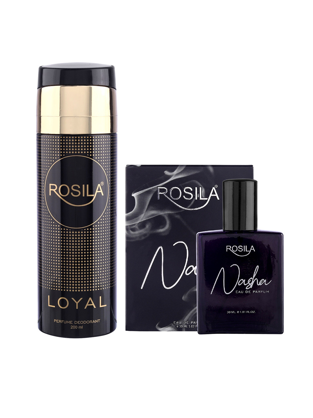 

ROSILA Set of Loyal Deodorant Body Spray 200ml & Nasha Eau de Parfum 30ml, Black