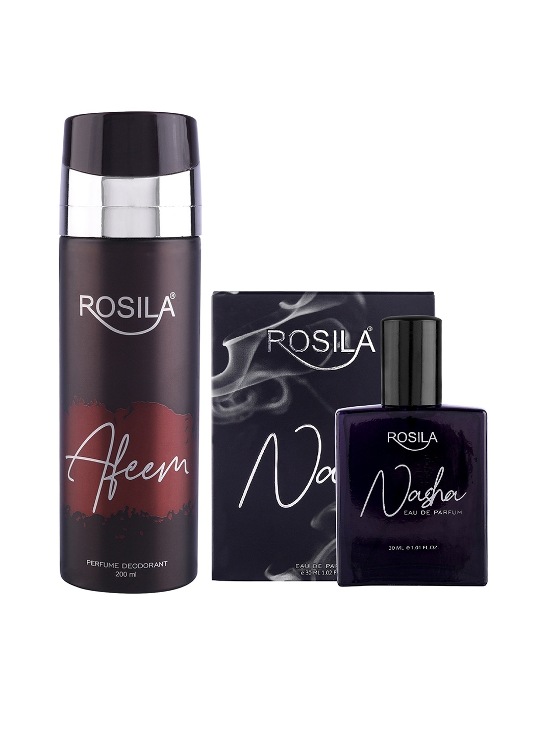 

ROSILA Combo of Afeem Deodorant Body Spray 200 ml & Nasha Eau De Parfum 30 ml, Brown