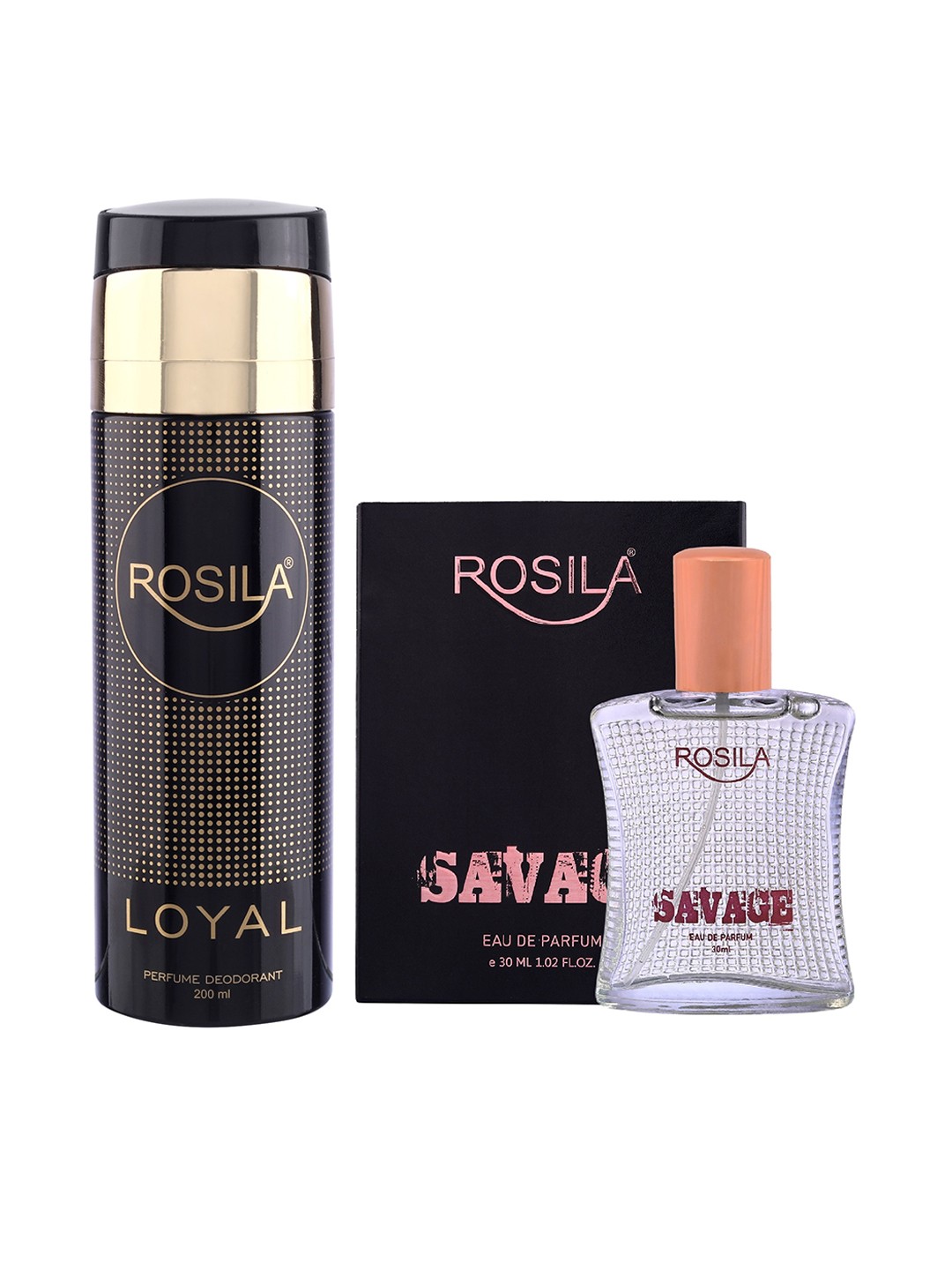 

ROSILA Set of Loyal Deodorant Body Spray 200ml & Savage Eau de Parfum 30ml, Black