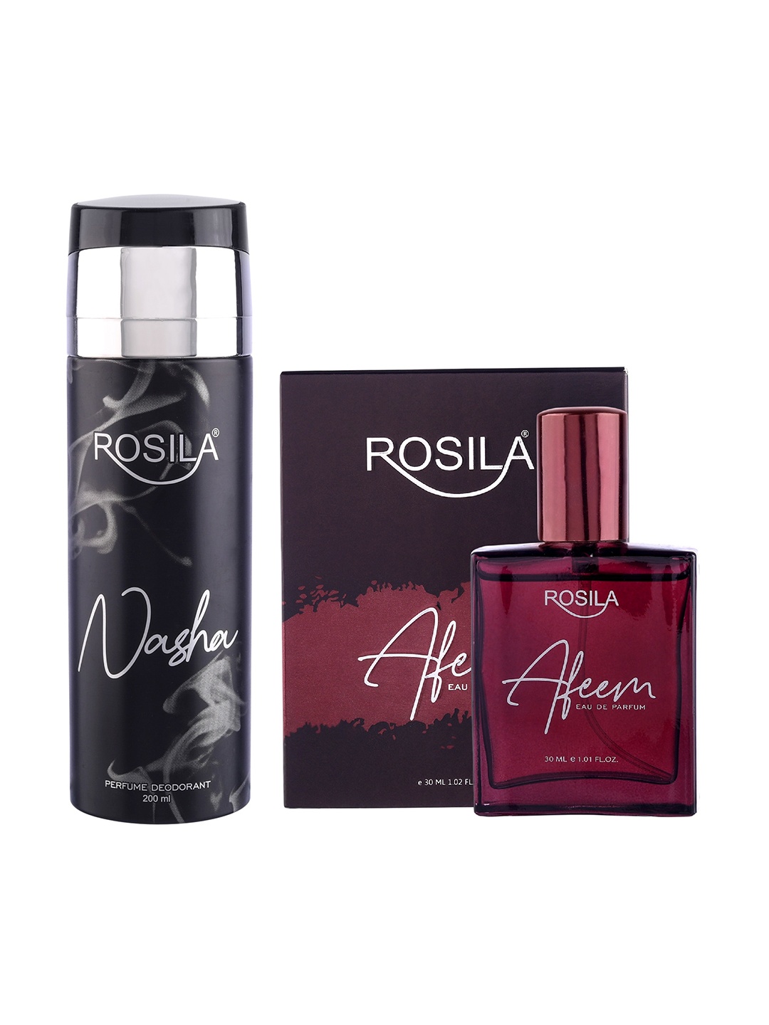 

ROSILA Set of Nasha Deodorant Body Spray 200ml & Afeem Eau de Parfum 30ml, Black