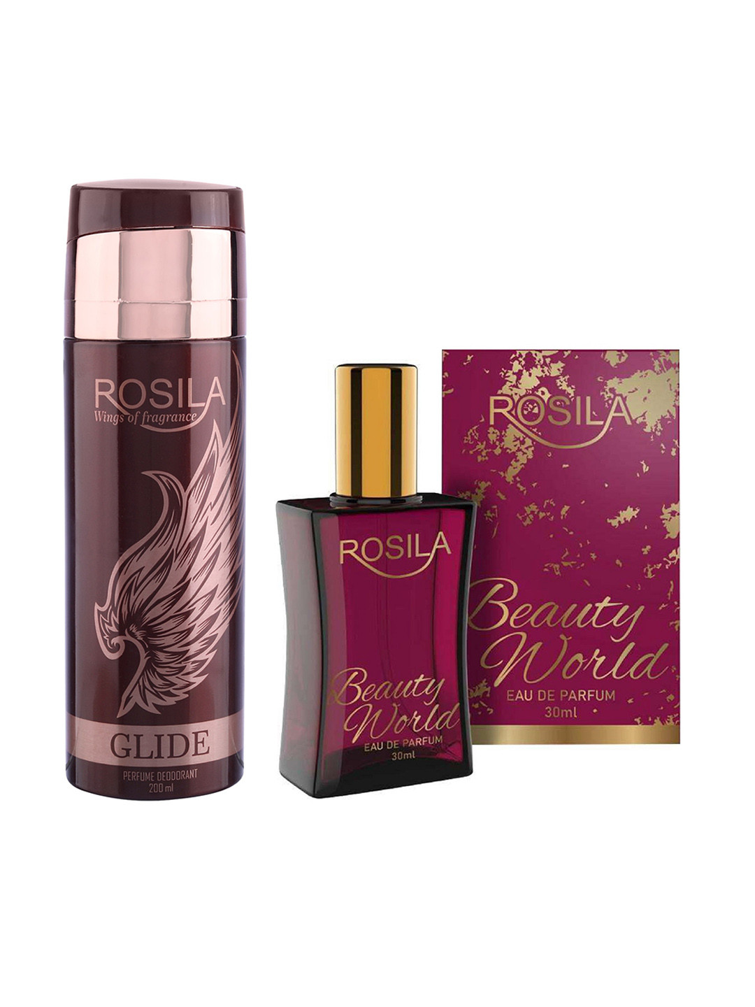 

ROSILA Set of Glide Deodorant Body Spray 200ml & Beauty World Eau de Parfum 30ml, Burgundy