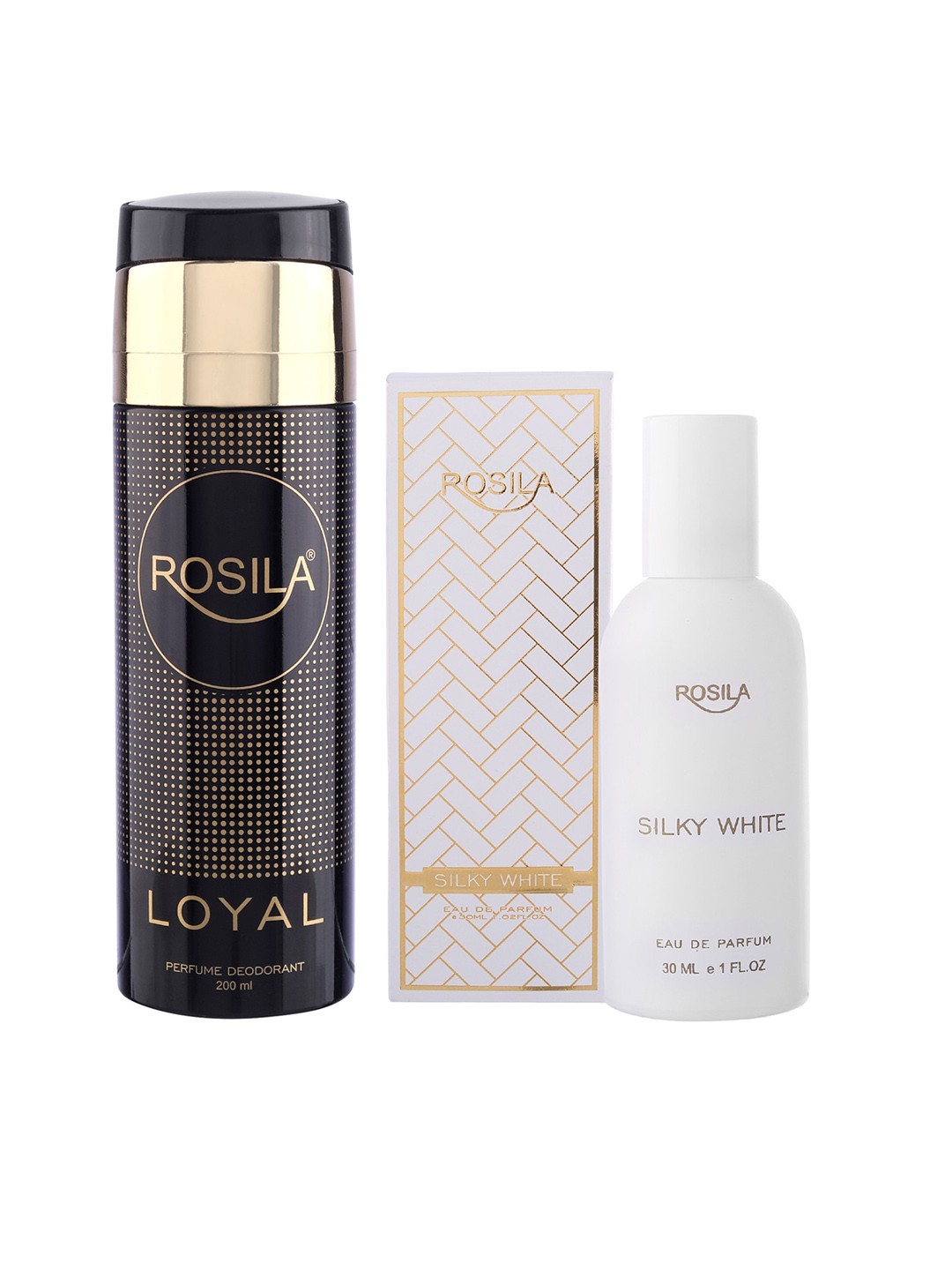 

ROSILA Set of Loyal Deodorant Body Spray 200ml & Silky White Eau de Parfum 30ml, Black