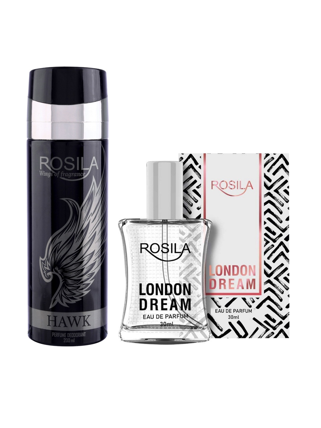 

ROSILA Set of Hawk Deodorant Body Spray 200ml & London Dreams Eau de Parfum 30ml, Black