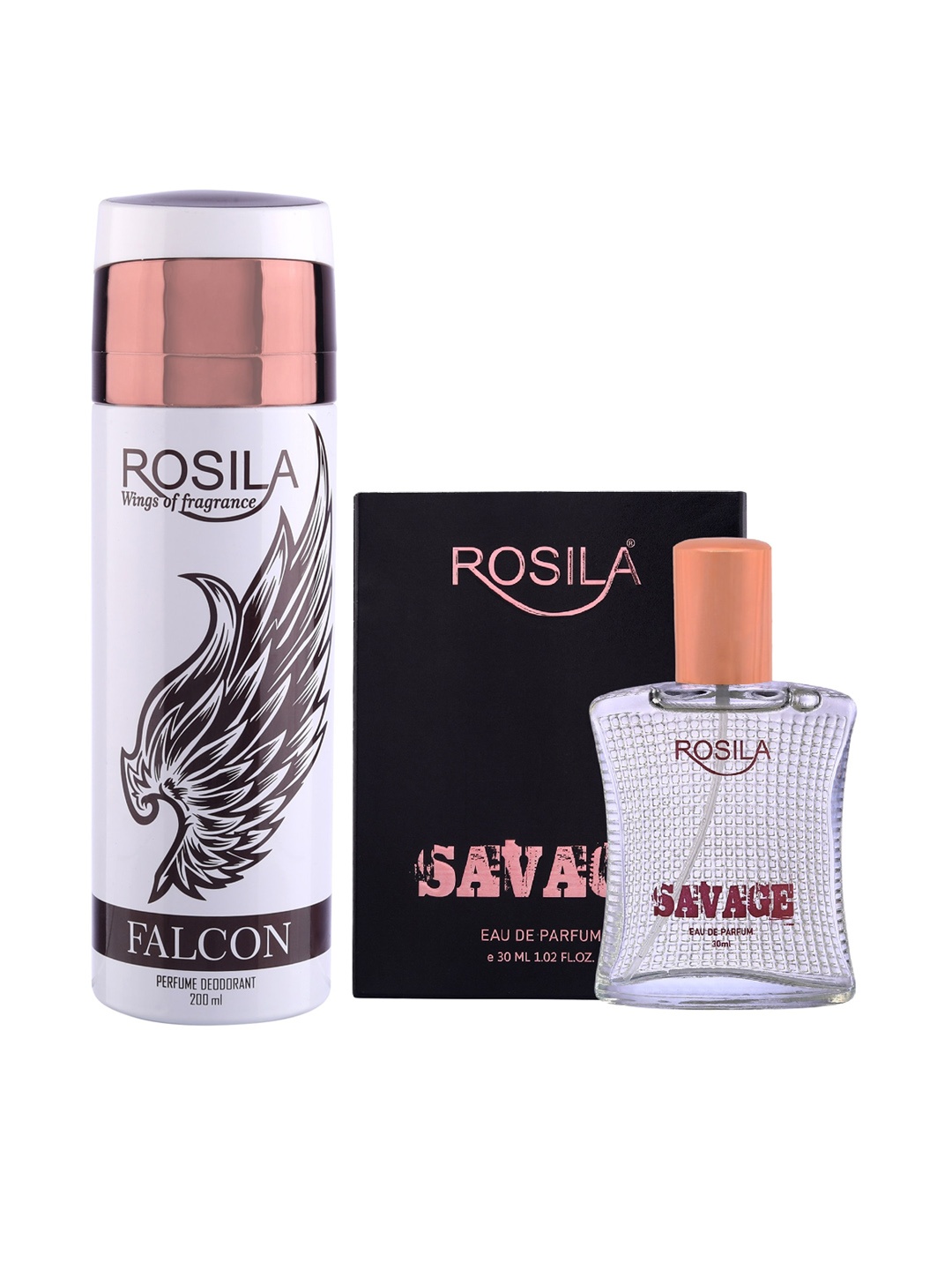 

ROSILA Set of Falcon Deodorant Body Spray 200ml & Savage Eau de Parfum 30ml, White