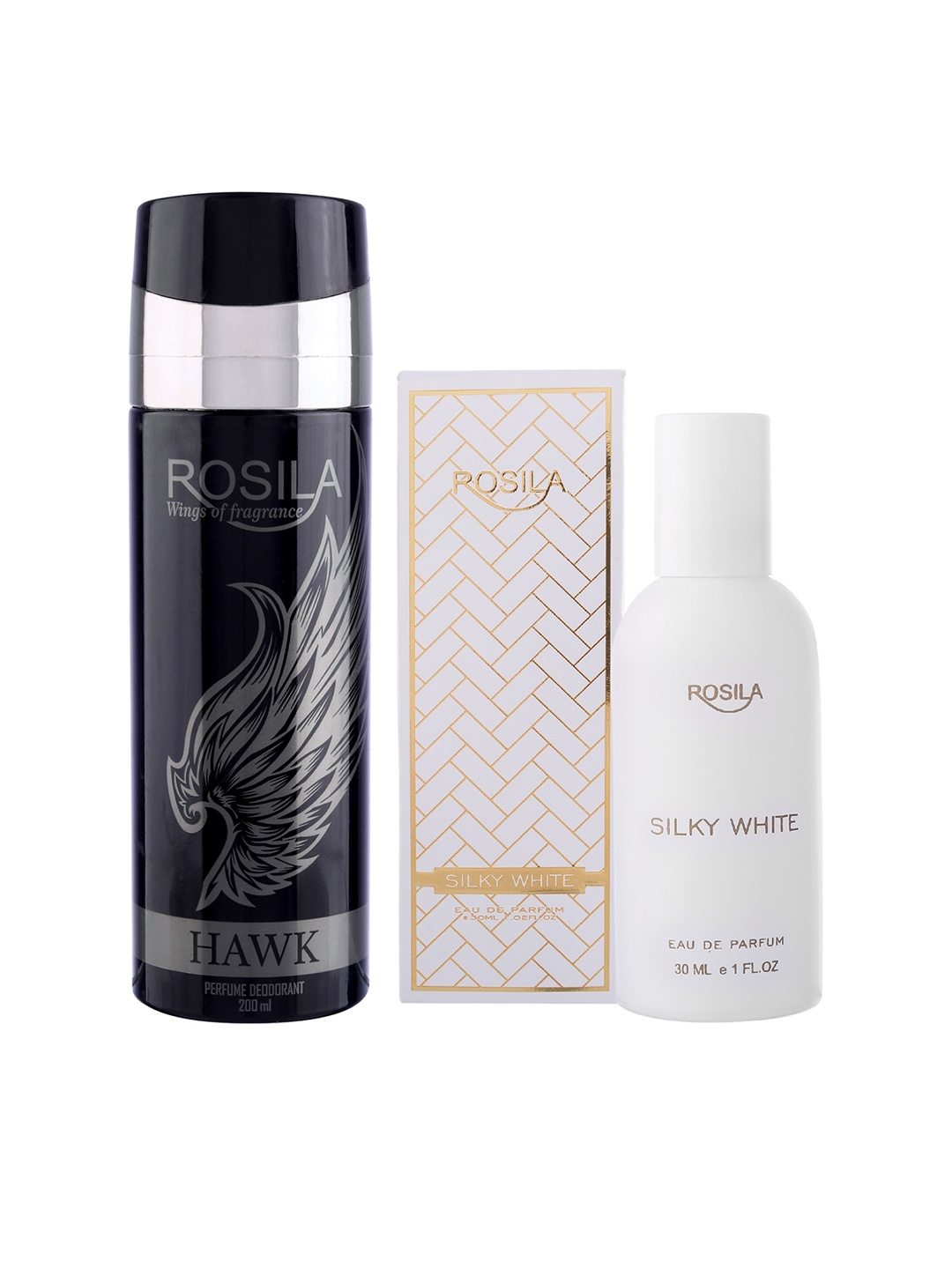 

ROSILA Set of Silky White Eau De Parfum 30 ml & Hawk Deodorant 200 ml, Black