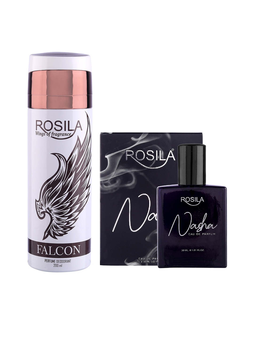 

ROSILA Combo of Falcon Deodorant Body Spray 200 ml & Nasha Eau De Parfum 30 ml, White
