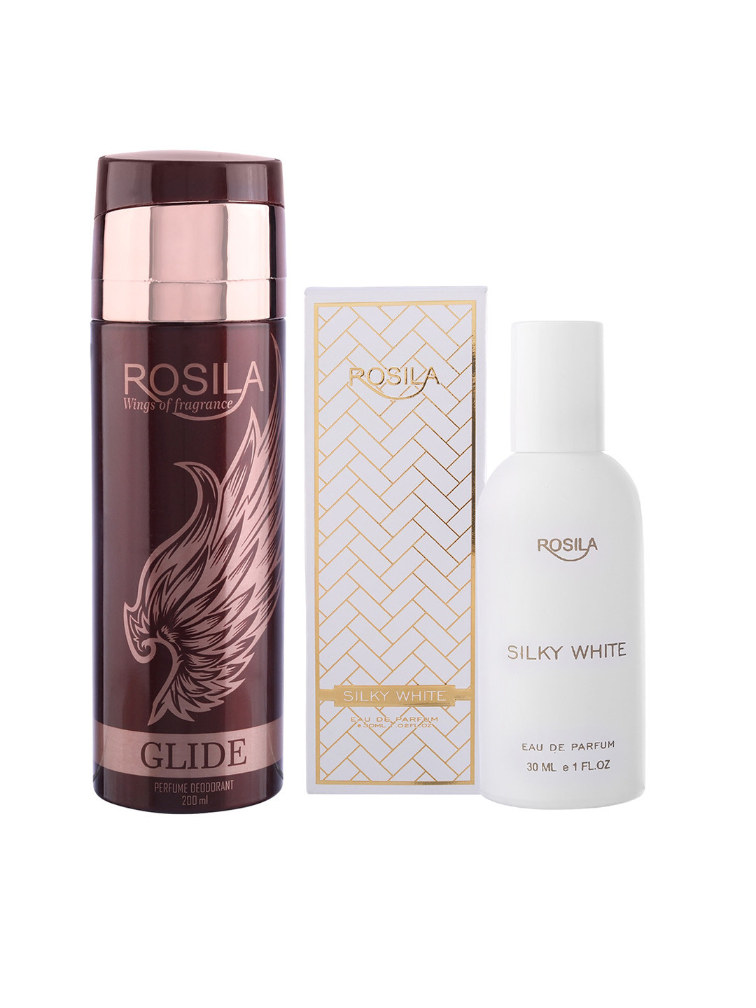 

ROSILA Set of Glide Deodorant Body Spray 200ml & Silky White Eau de Parfum 30ml, Rose gold