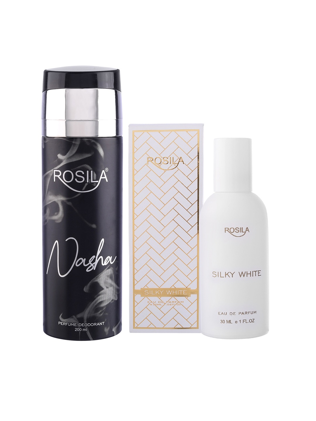 

ROSILA Set of Nasha Deodorant Body Spray 200ml & Silky White Eau de Parfum 30ml, Black