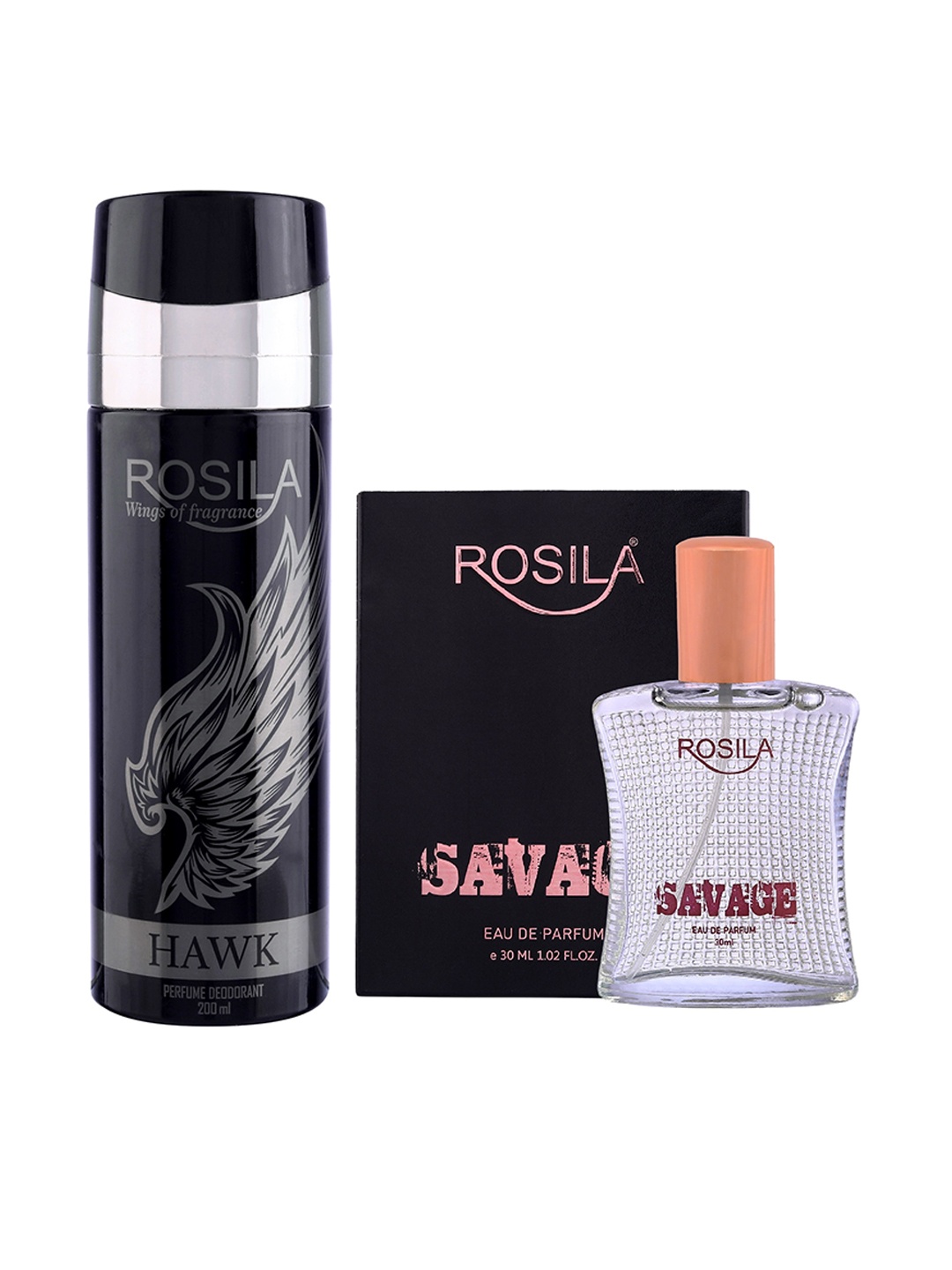 

ROSILA Set of Hawk Deodorant Body Spray 200ml & Savage Eau de Parfum 30ml, Black