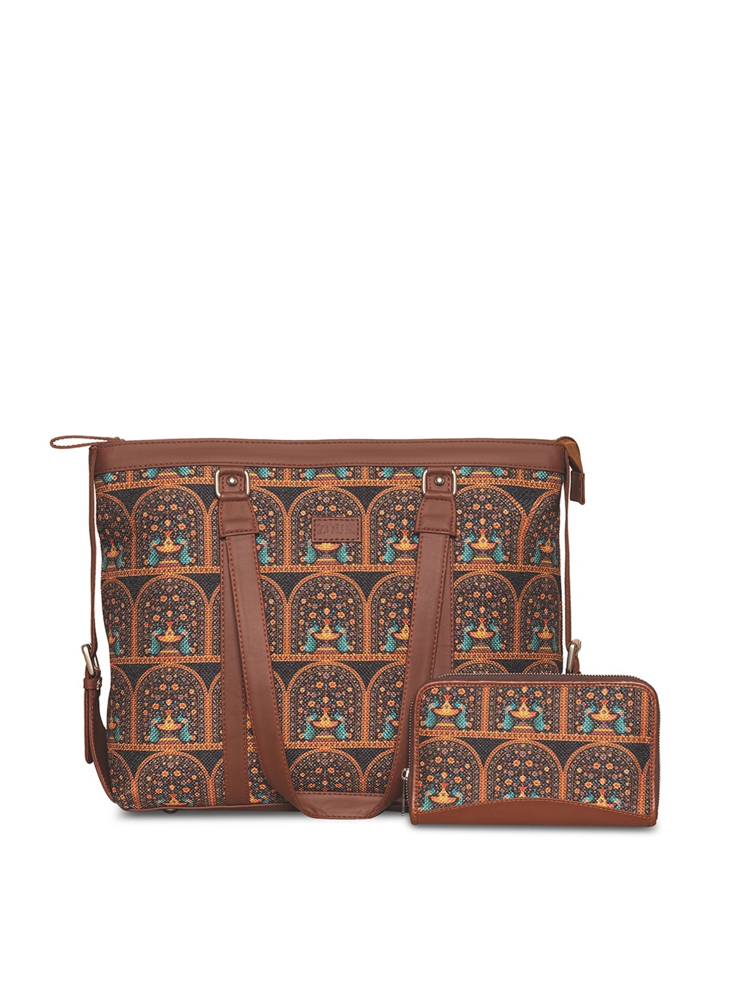 

ZOUK Brown Printed Structured Sling Bag with Cut Work