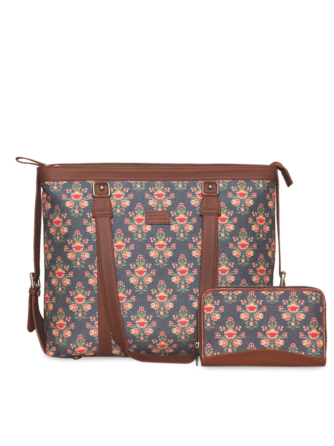 

ZOUK Navy Blue Floral Printed Structured Sling Bag with Cut Work