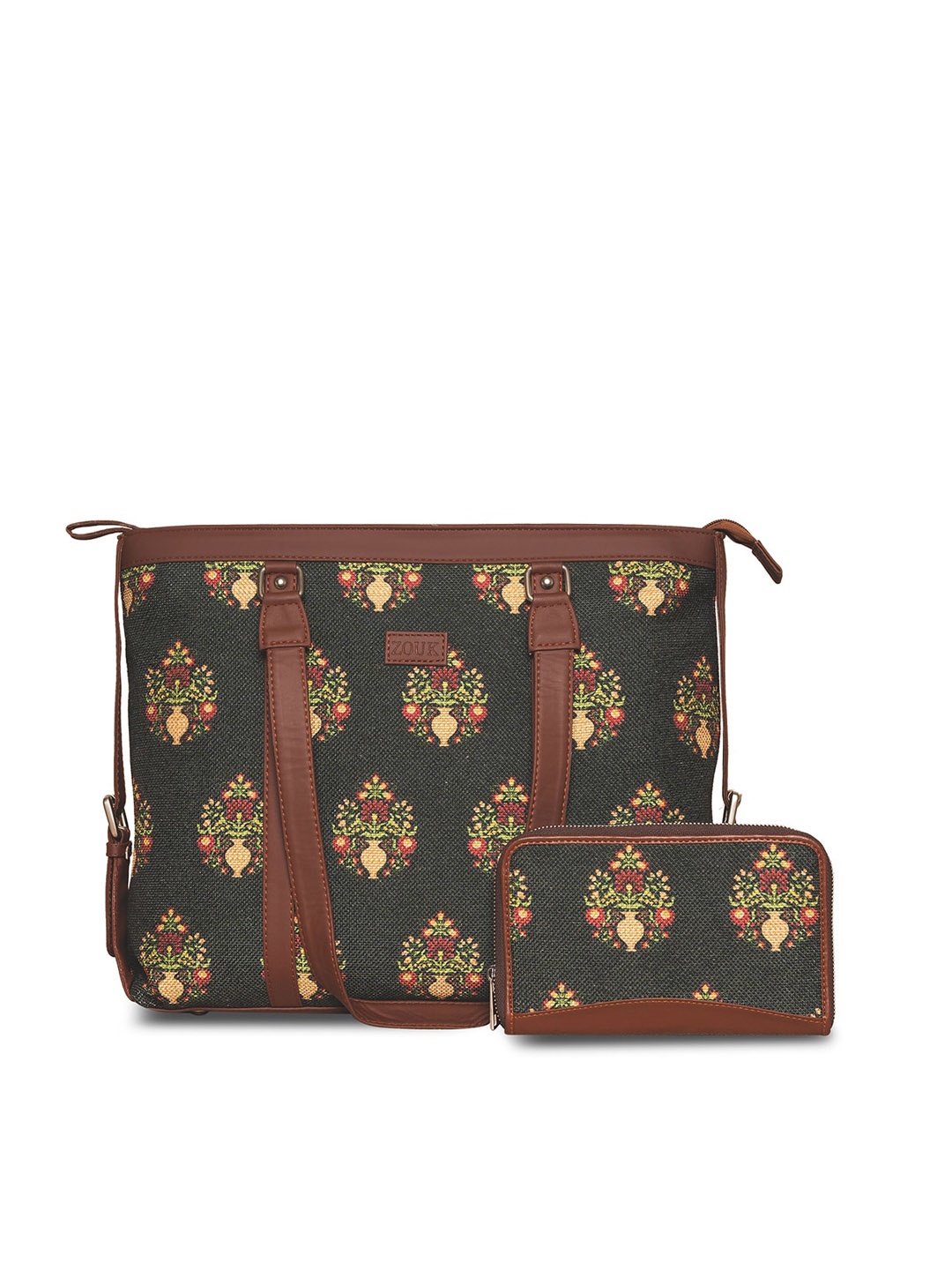 

ZOUK Green Floral Printed Structured Sling Bag with Cut Work