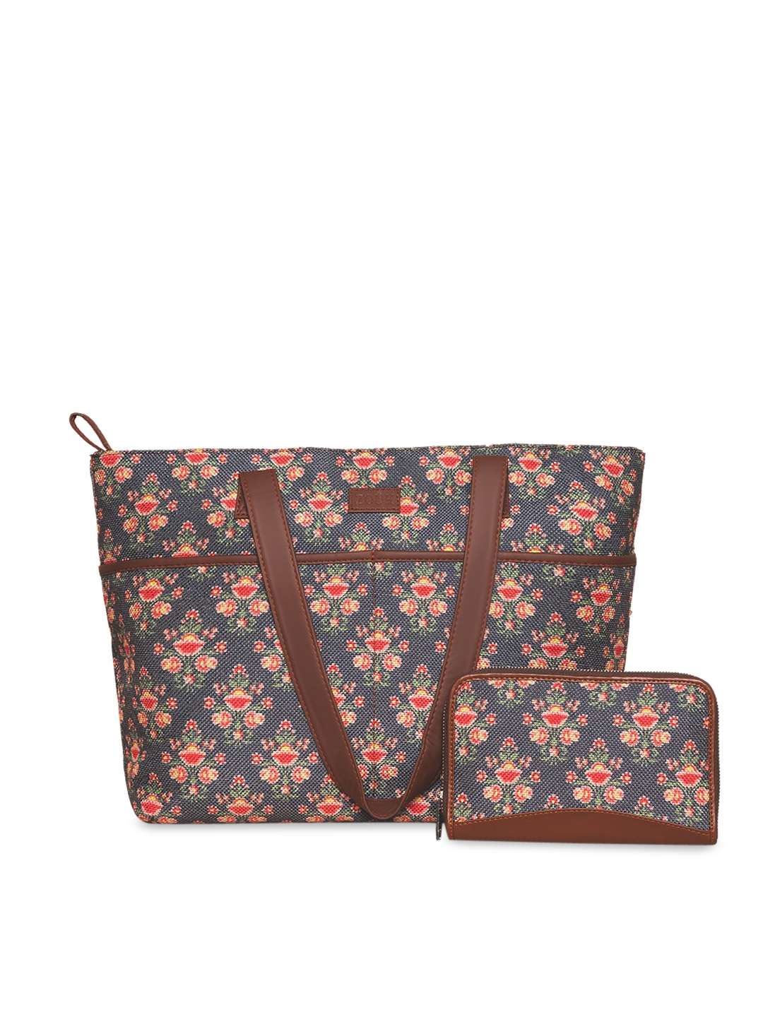 

ZOUK Navy Blue Floral Printed Structured Sling Bag with Cut Work