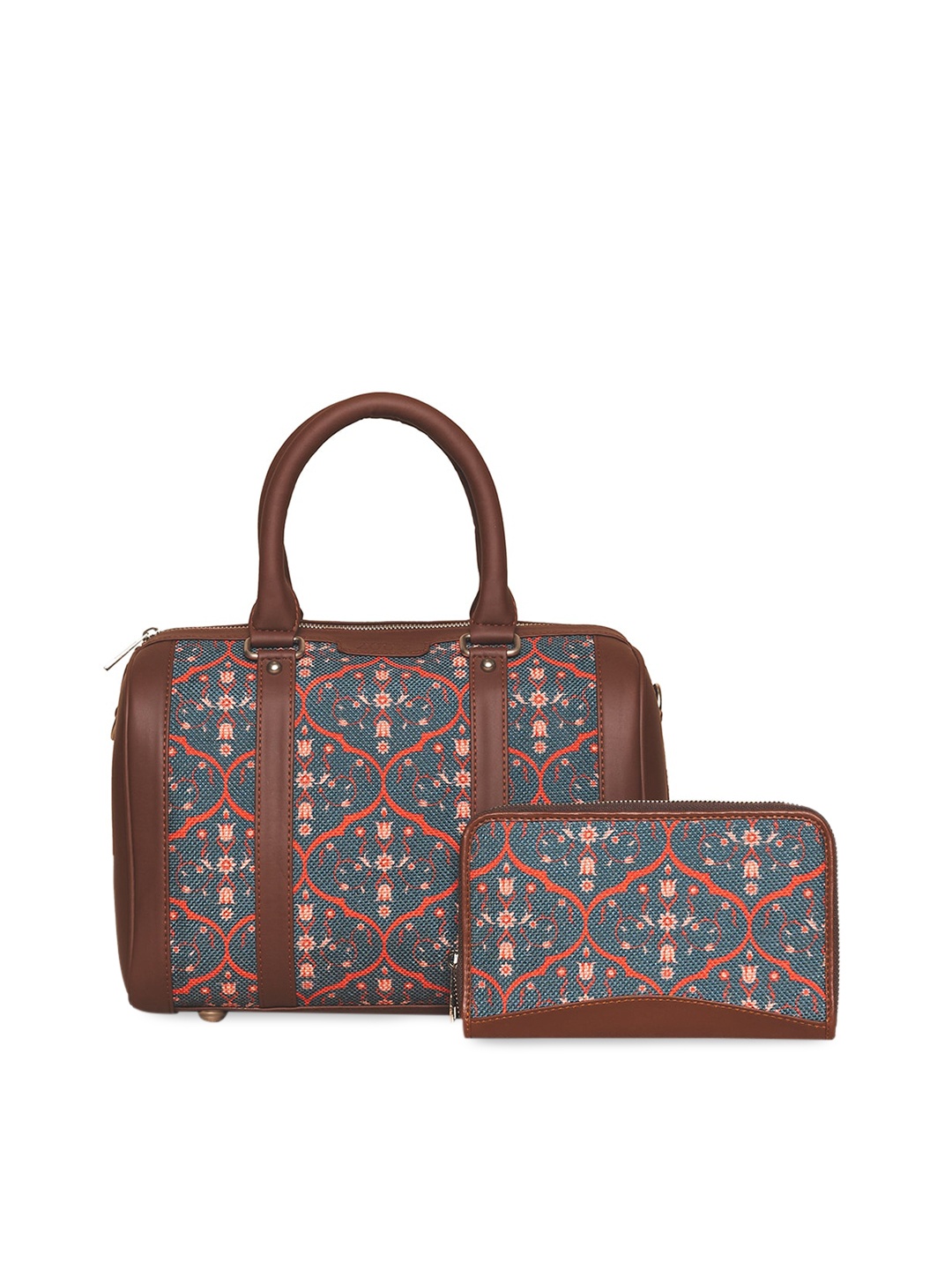 

ZOUK Navy Blue Printed Structured Handheld Bag with Cut Work
