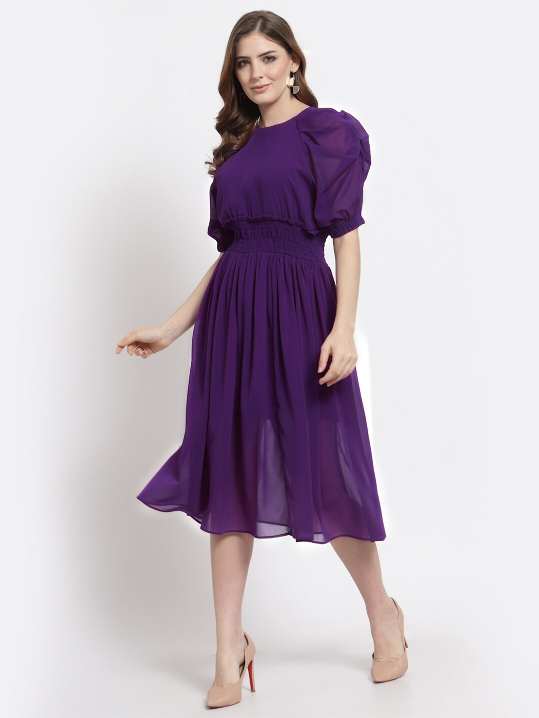 

BLANC9 Purple Solid Smocked Georgette Midi Dress