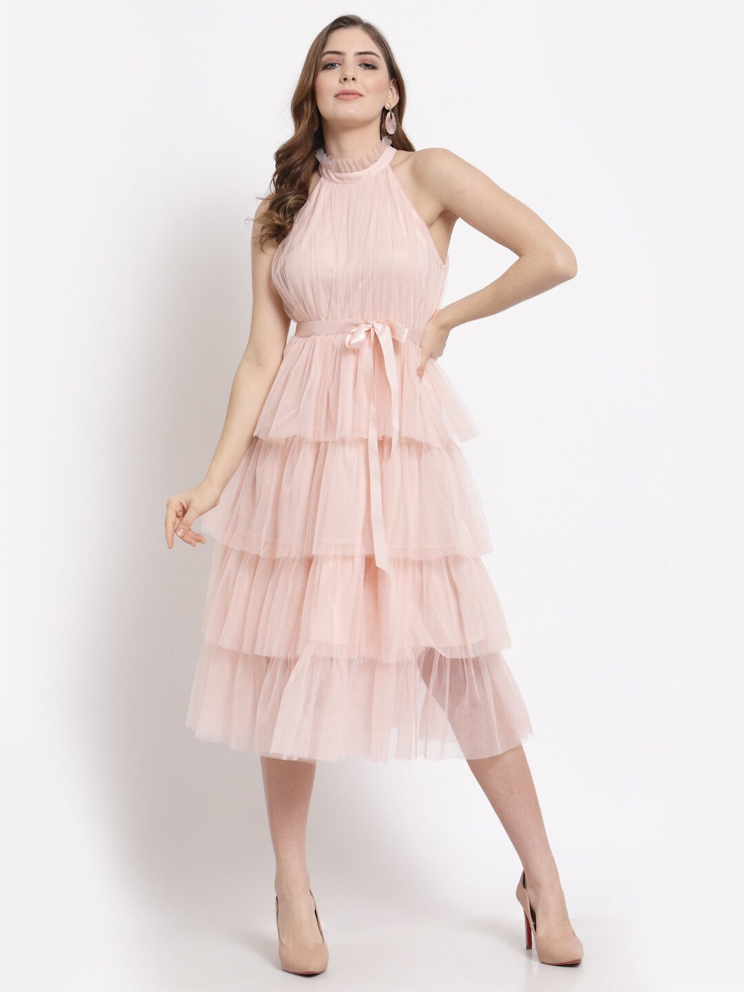 

BLANC9 Peach-Coloured Halter Neck Tulle Midi Dress