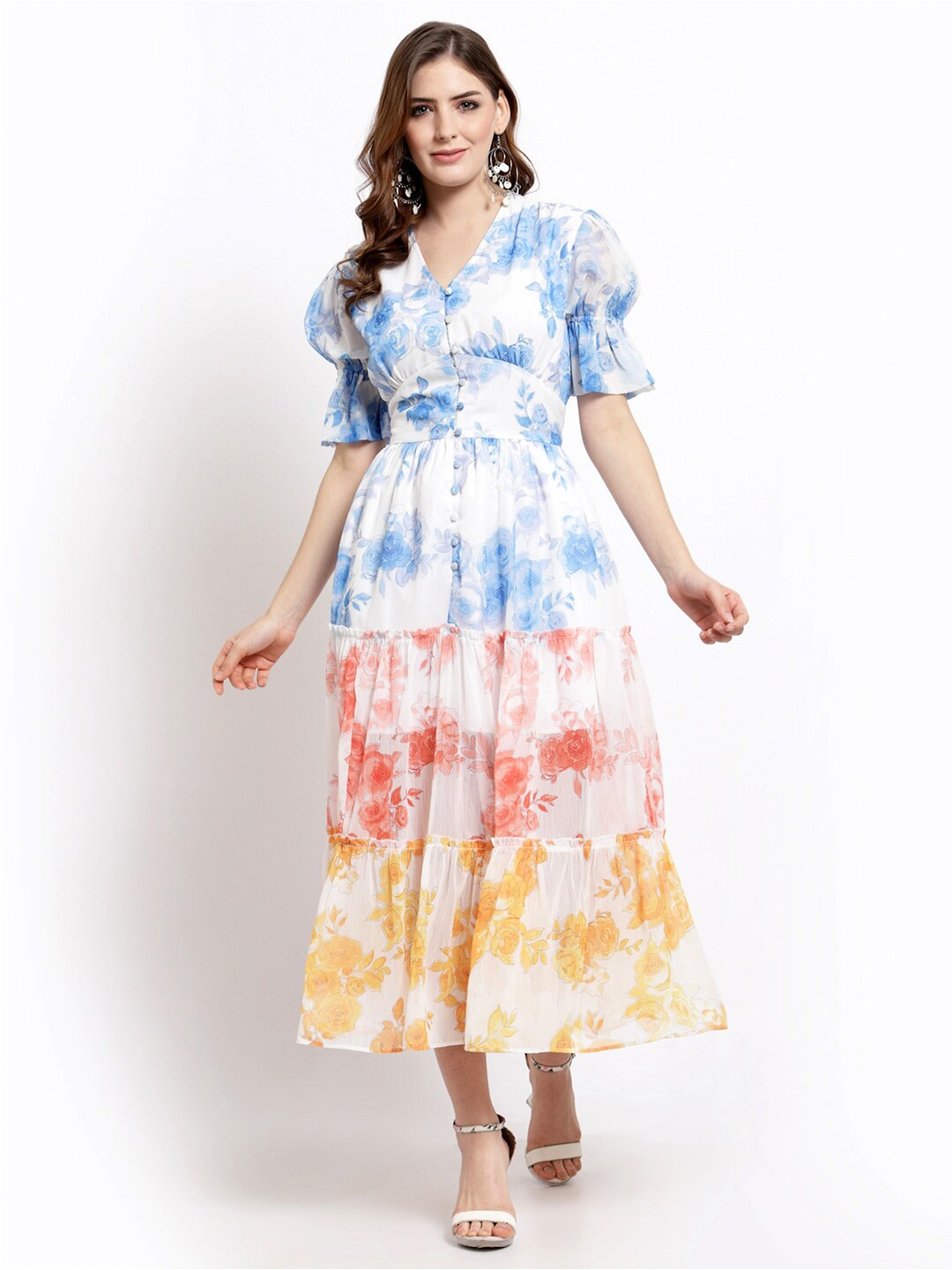 

BLANC9 White & Blue Tie and Dye Dyed Chiffon Tiered Maxi Dress