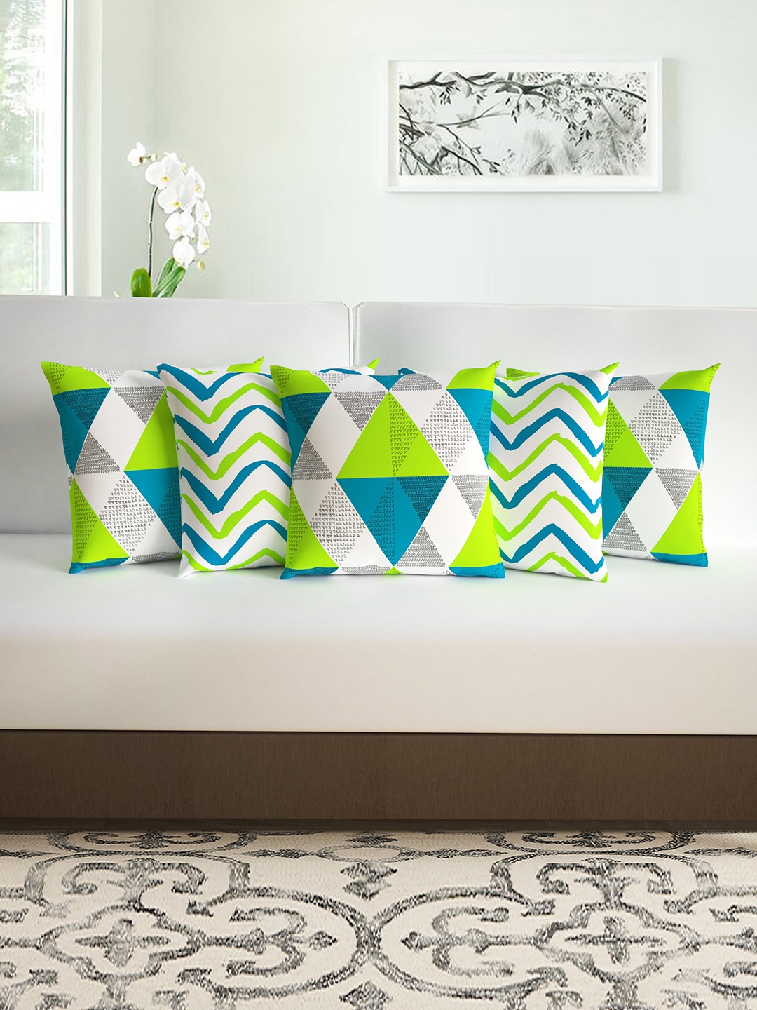 

Divine Casa Green Set of 5 Geometric Printed Square Cushion Covers