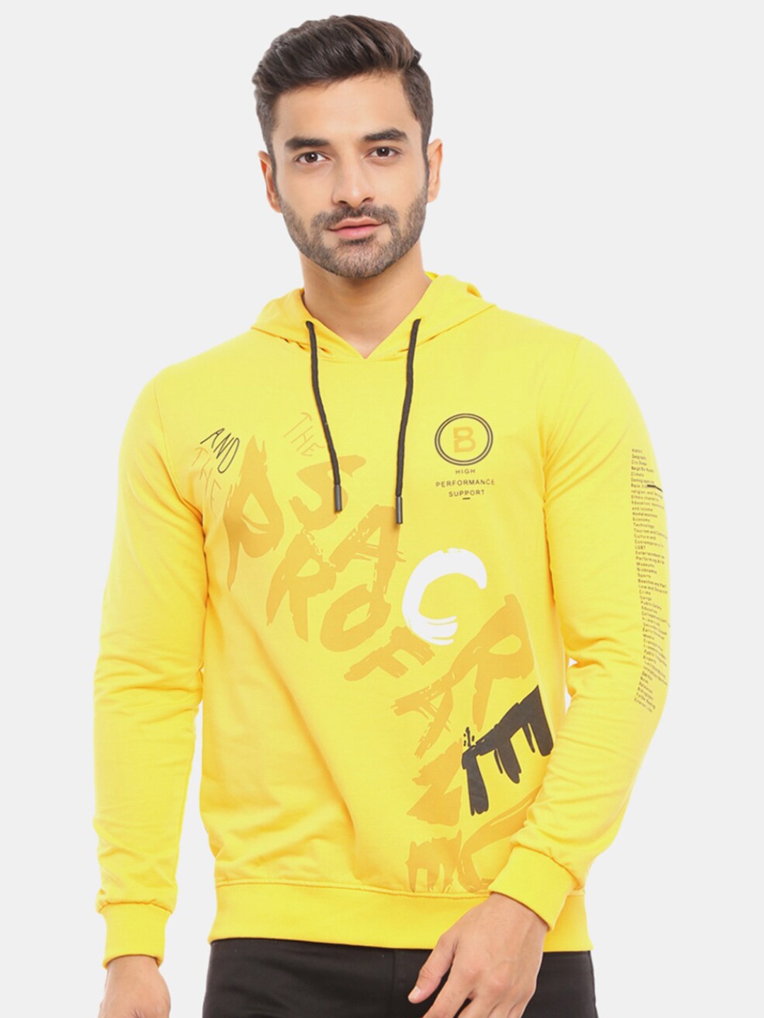 

V-Mart Men Mustard Yellow Typography Printed Hooded Slim Fit T-shirt