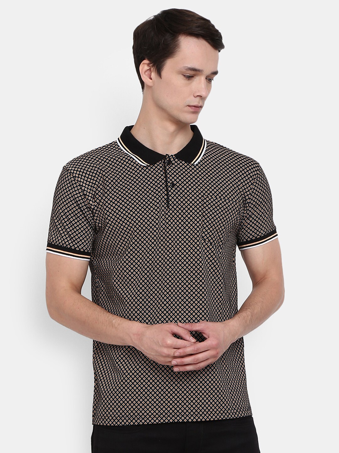 

V-Mart Men Black & Mustard Yellow Printed Polo Collar Cotton T-shirt