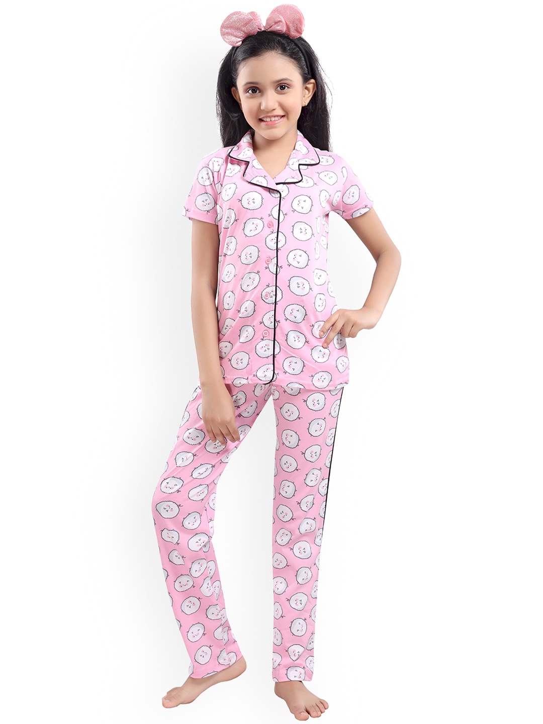 

9shines Label Girls Pink & White Printed Pure Cotton Night suit