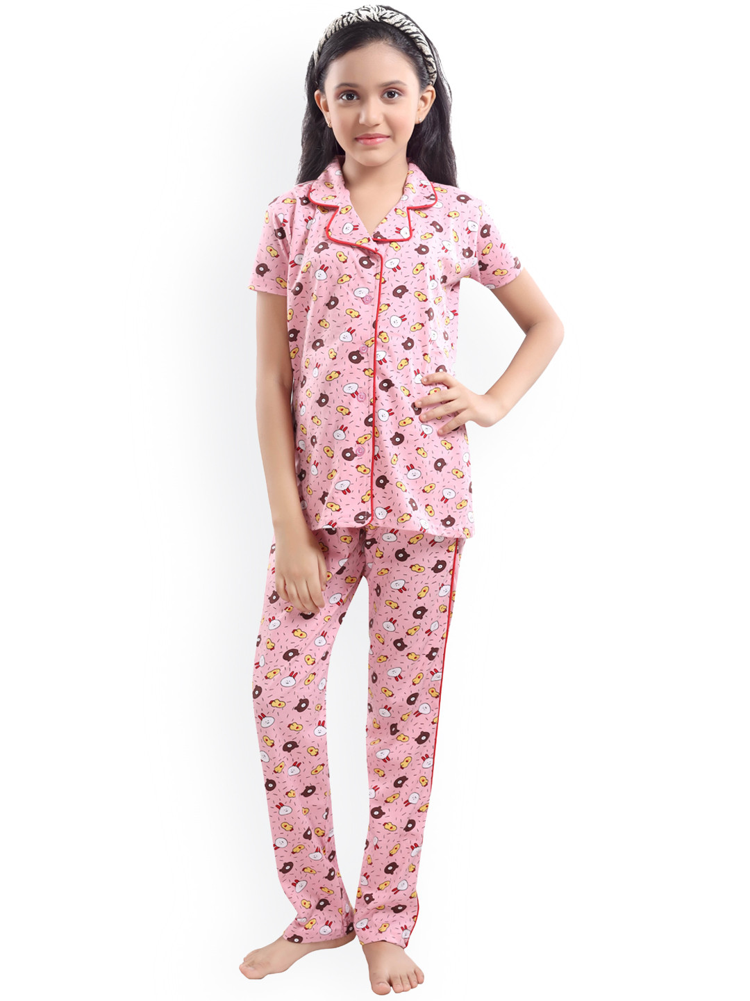 

9shines Label Girls Peach-Coloured & White Printed Night suit